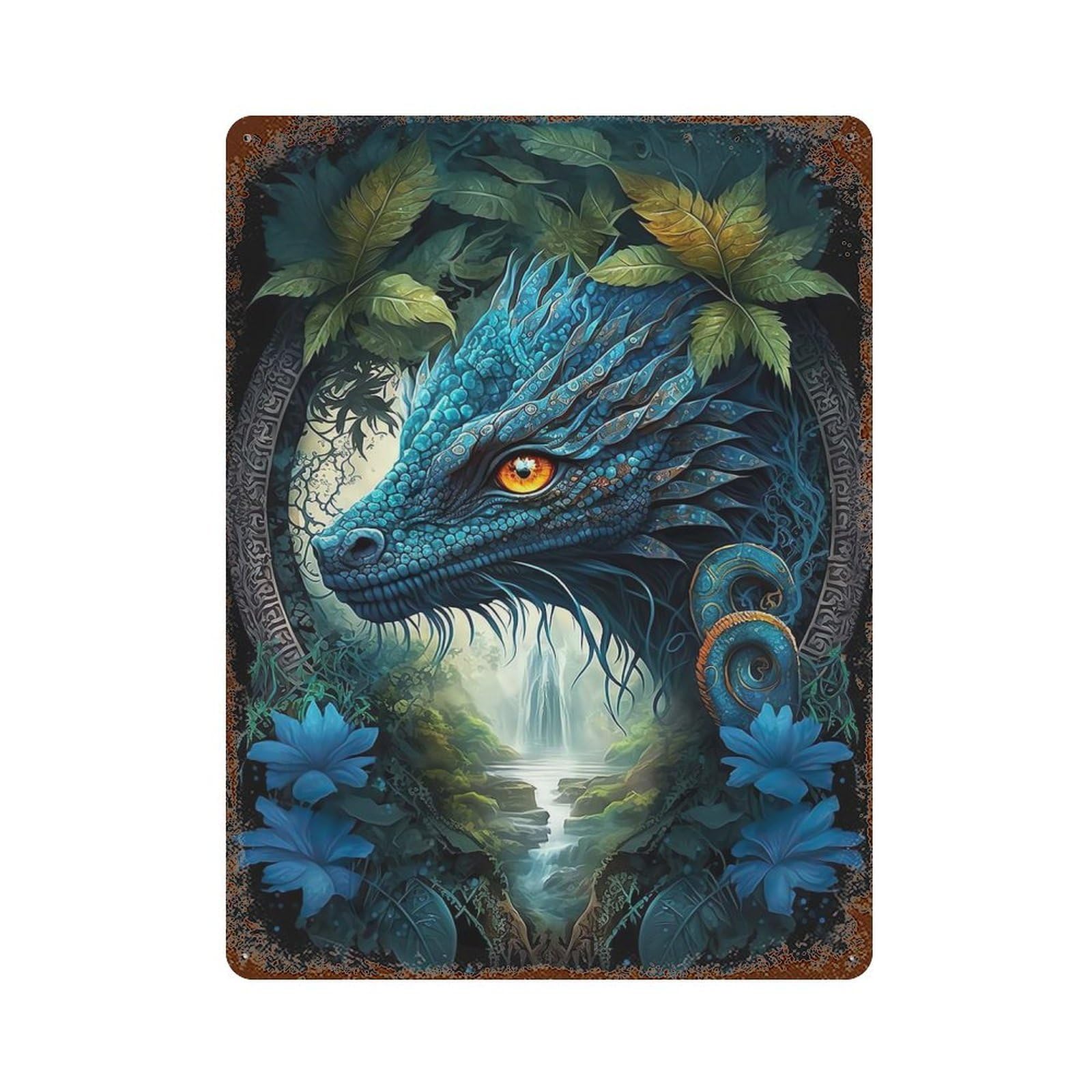 Dragon in Mandala Jungle Rusty Metal Tin Sign 15.7"x11.8", Industrial Home Decor for Garage, Pub Or Kitchen