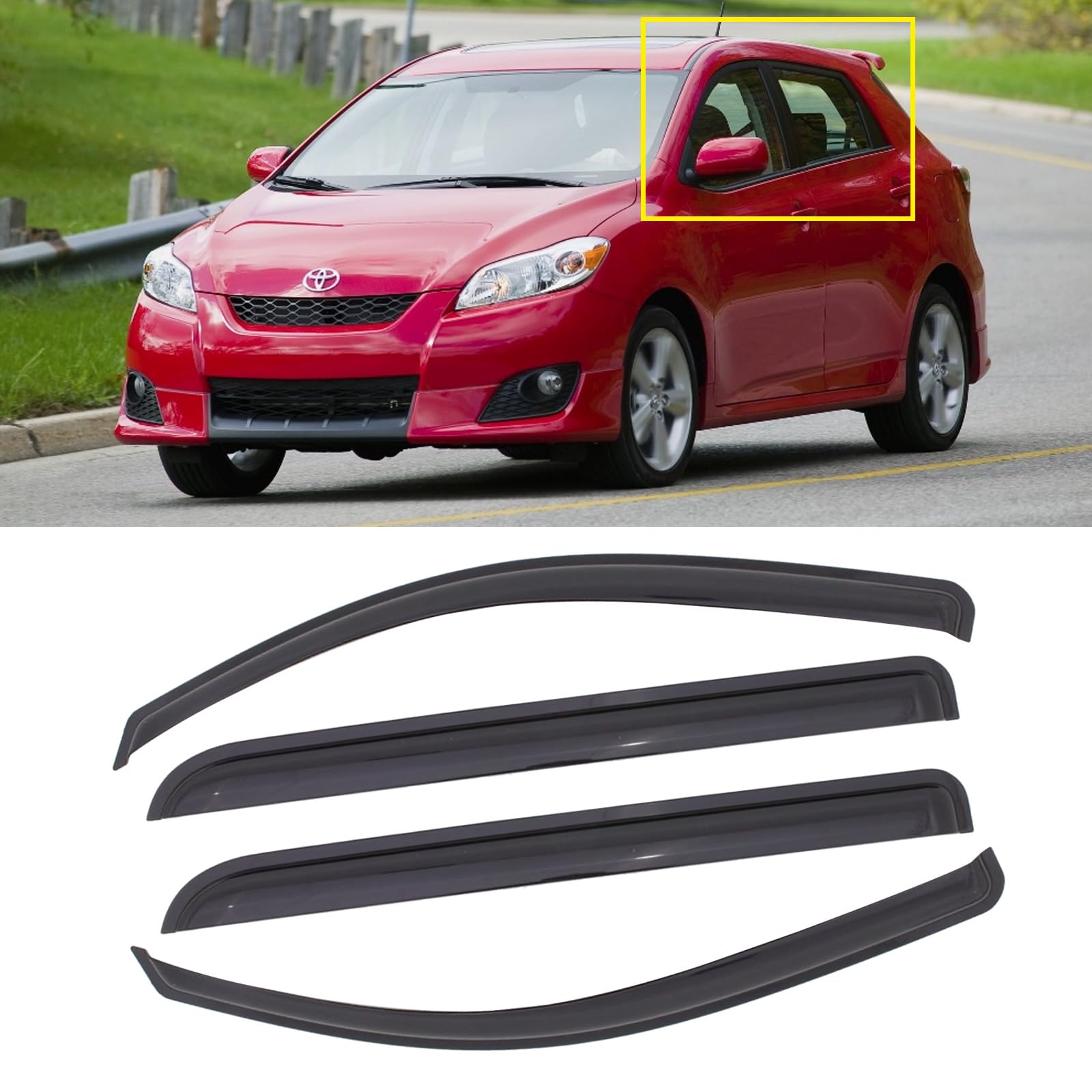Window Visor for 2009-2013 Toyota Matrix & 2009-2010 Pontiac Vibe, Out-Channel Rain Guards Shields Vent Deflector Shade Wind Dark Smoke, Tape-On Outside-Mount, 4PCS