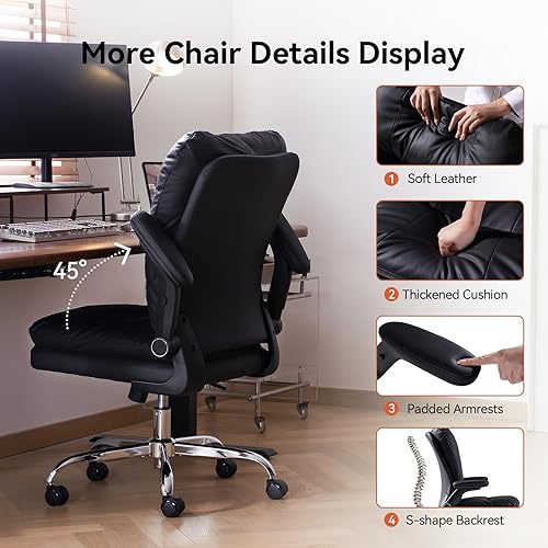 Miniatura 8 de LEAGOO Silla de oficina ergonómica con brazos abatibles acolchados, sillas de escritorio cómodas ejecutivas de respaldo medio, silla enrollable de