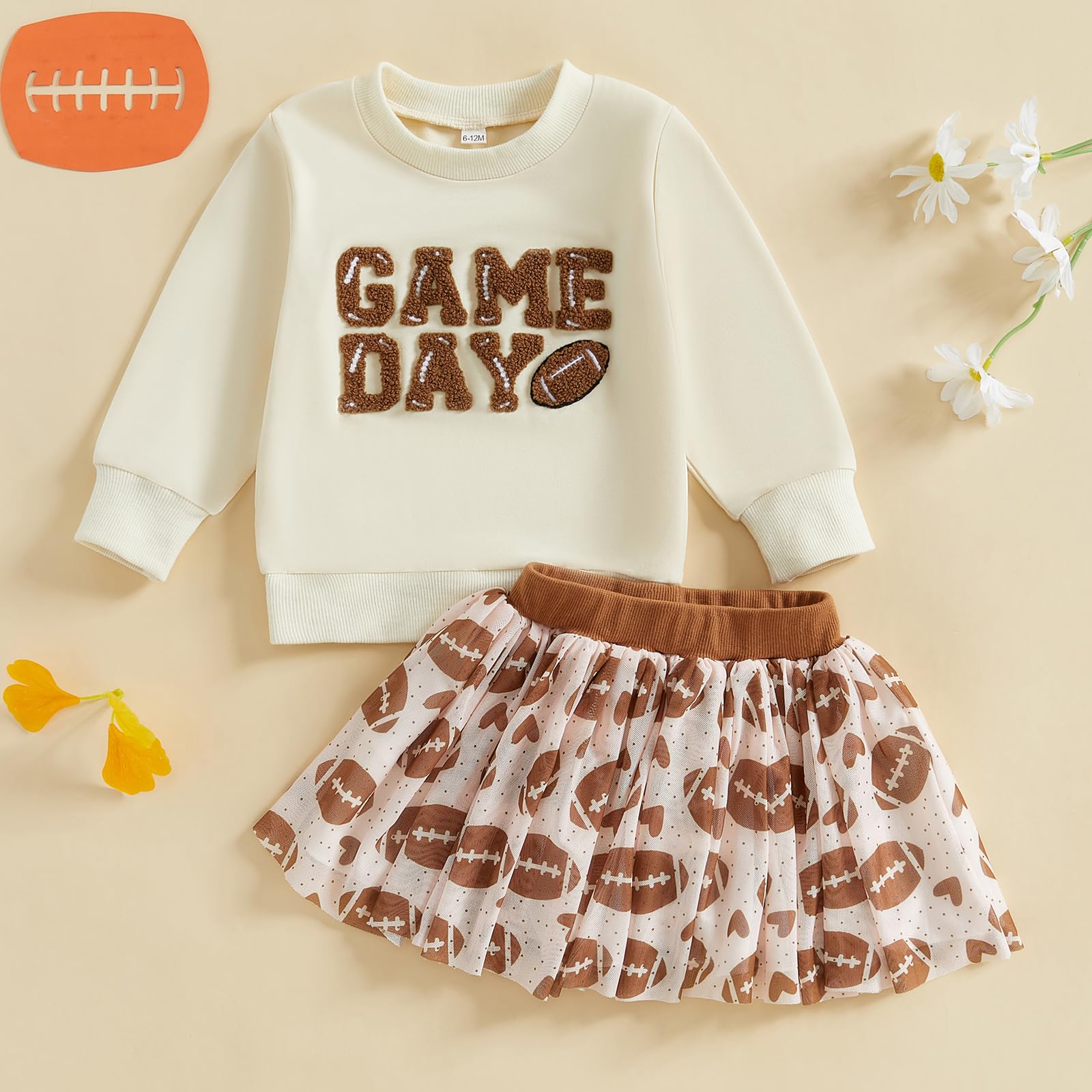 Toddler Baby Girl Football Outfits Game Day Embroidery Long Sleeve Sweatshirt Sequin Tutu Skirts 2Pcs Fall Clothes (Beige, 3-4T)