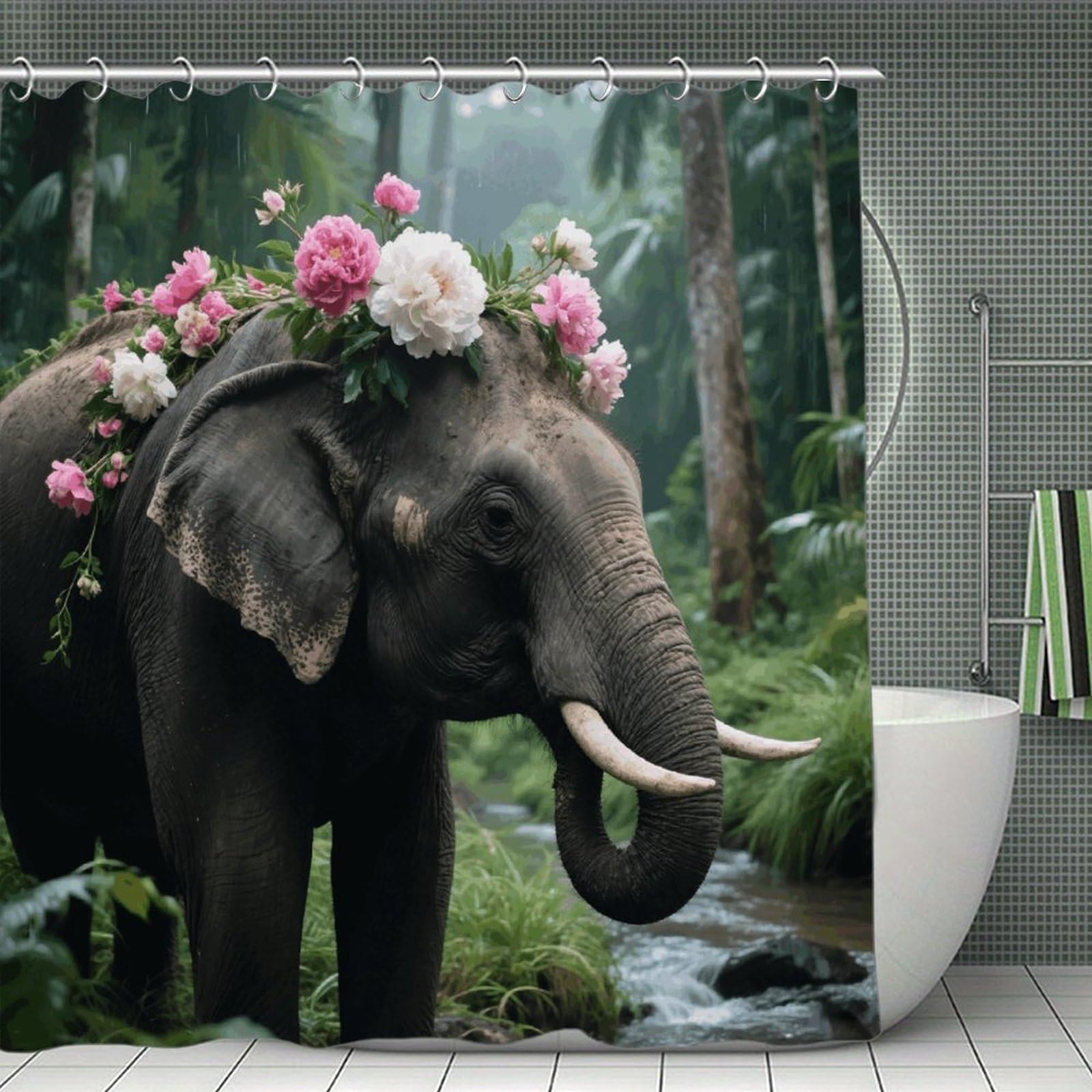 VstaDank Flower Elephant Shower Curtain Waterproof Bathroom Shower Curtain with C Type Hooks Soft Lightweight Shower Curtains Liner Washable Polyester Cloth Shower Liner 71x71 Inch