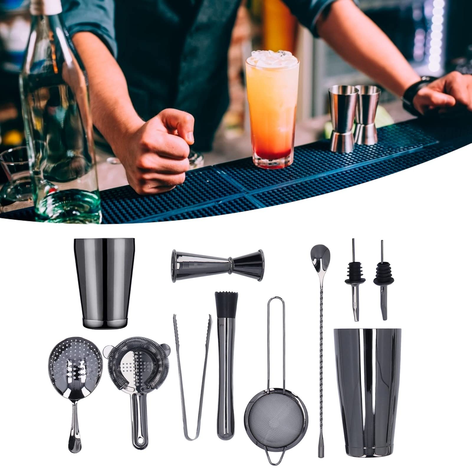 Wisecoco Juego De Coctelera De 11 Piezas, Juego De Coctelera De Acero Inoxidable con Colador De Cuchara De Mezcla Muddler Jigger Recubrimiento Negro para Bartender Bars Party