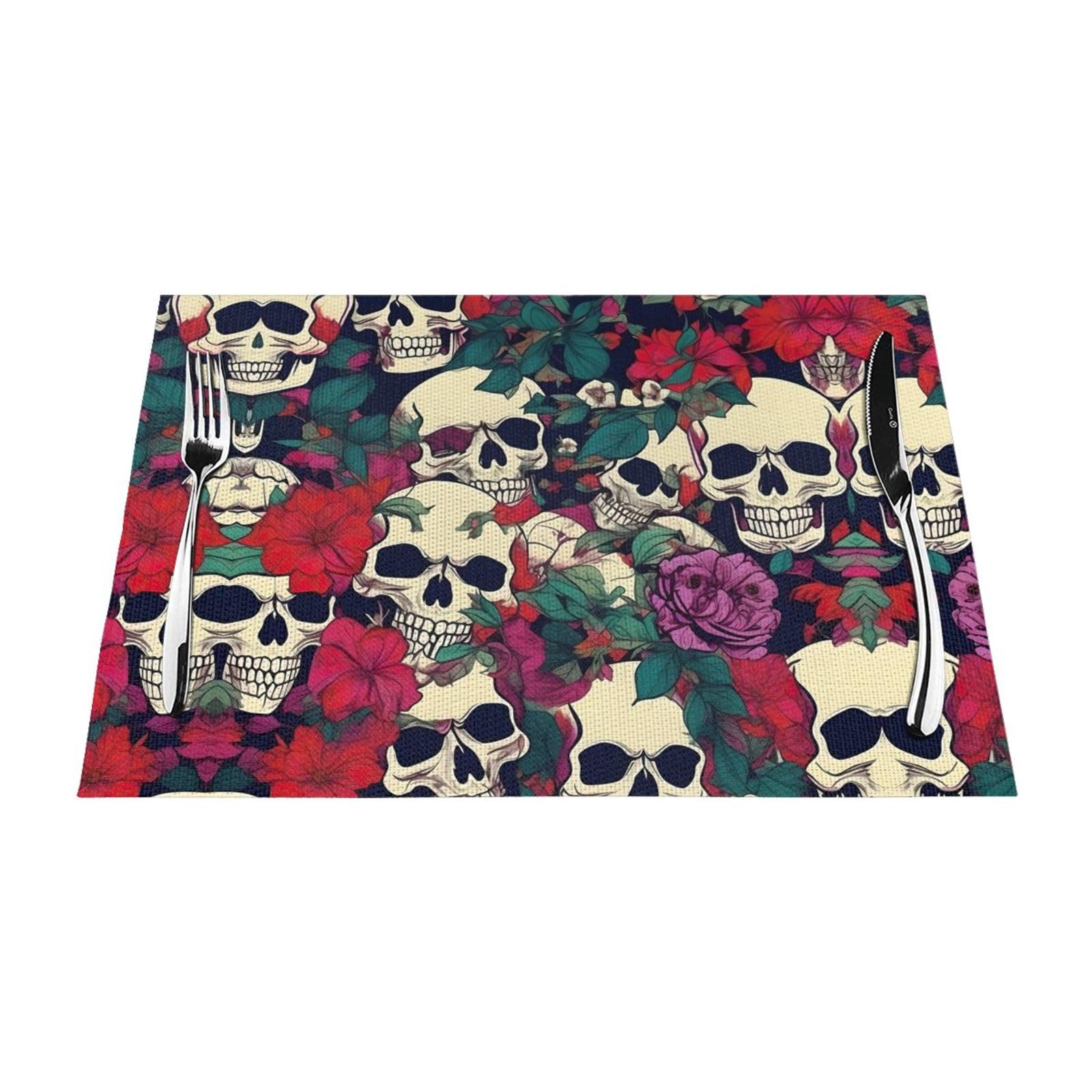 Placemats Set of 6,Table Mats Washable Placemat Decoration, Floral Skulls Print