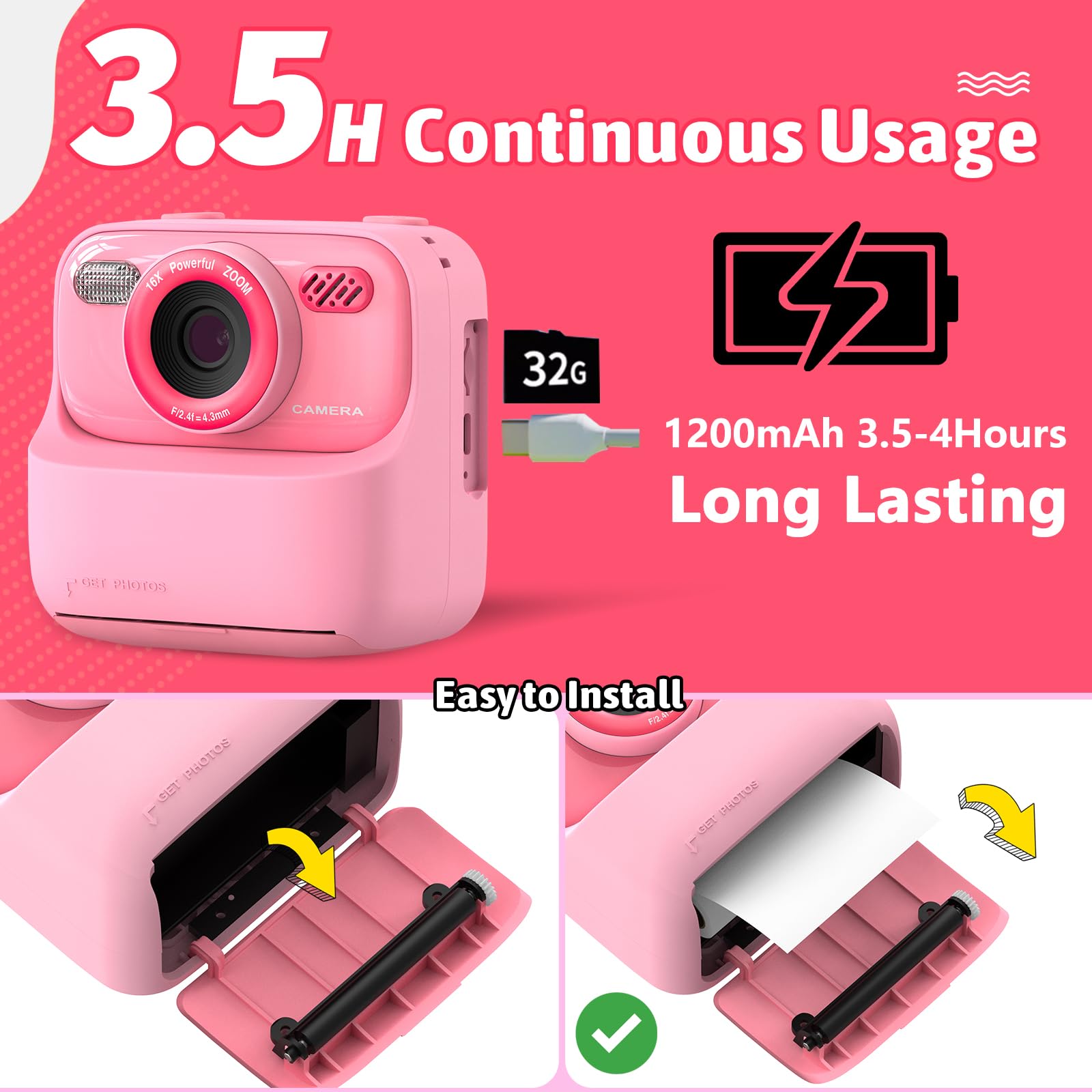 Sofortbildkamera Kinder, Digitalkamera für Mädchen Jungen, 1080P Kinderkamera Sofortbildkamera, Spielzeug | Geschenke für Kinder Alter 3-14 Jahre, mit 3Rollen Druck Fotopapier & 32GB Karte, Pink