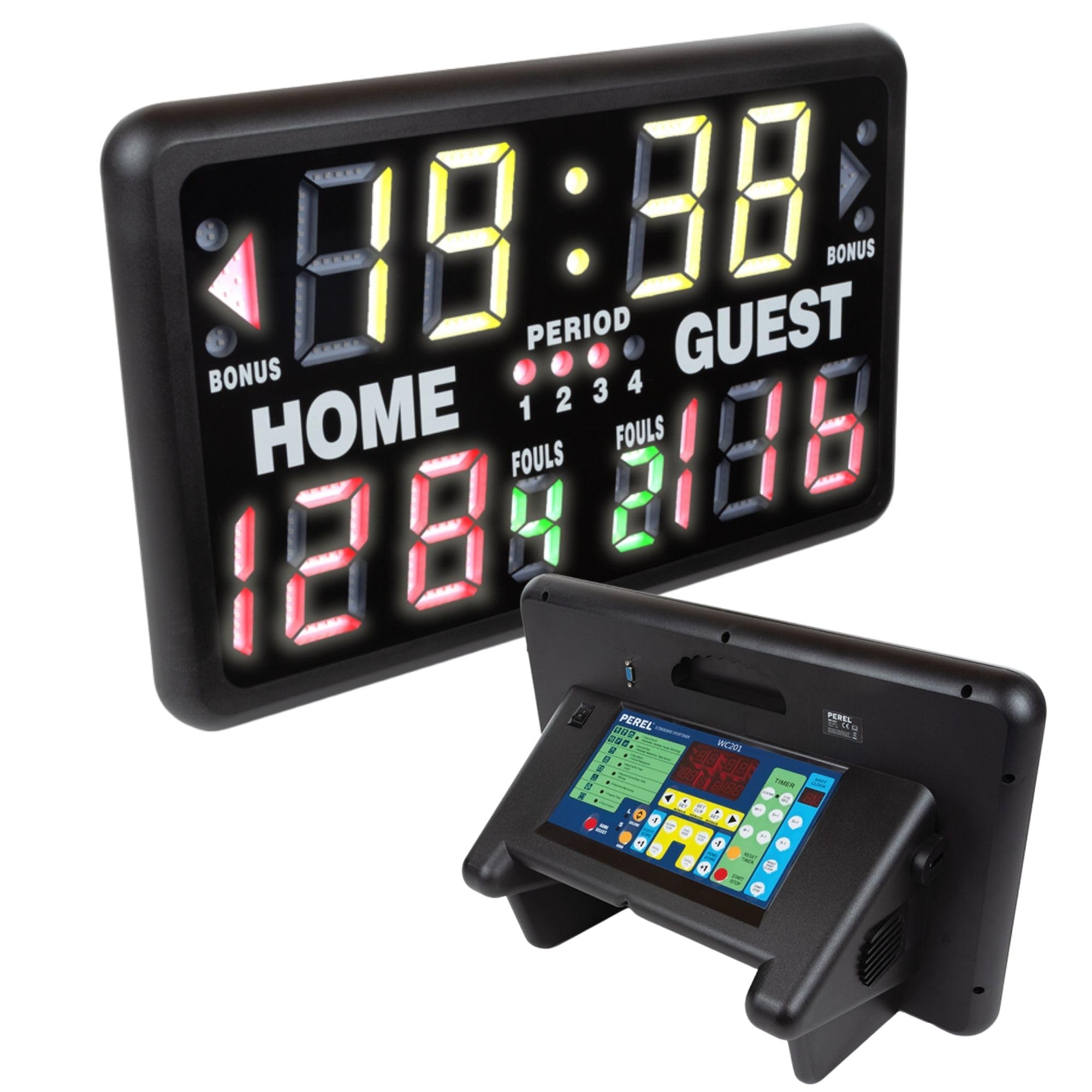 Perel Marcador Digital, Multisport, con Temporizador Deportivo Multifuncional, para Uso en Interiores y Exteriores, Modelo de Mesa, Uso Independiente o en Soporte, 40.5 x 62 cm