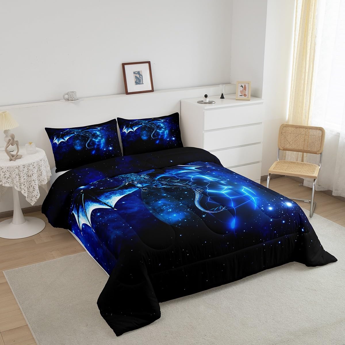 Loussiesd Galaxy dragons quilted bed children chic outer space starry sky duvet Single jungle animals dragons for boys children teenagers bedroom decor blue black 4-seasons duvet