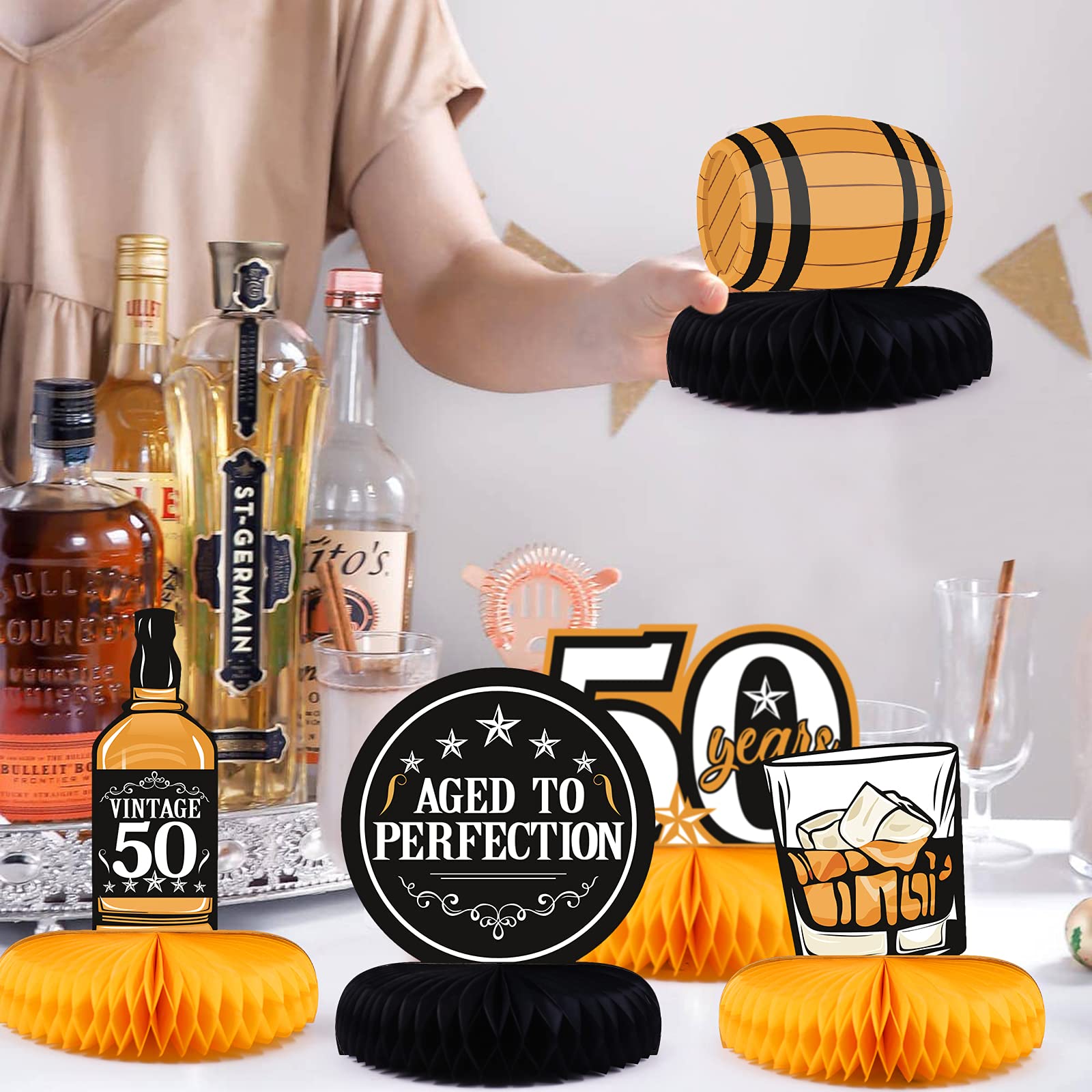6pcs Whiskey 50th Birthday Party Honeycomb Centerpieces Aged to Perfection Table Toppers for 50th Birthday Party Favors Supplies Whiskey Party Decorations