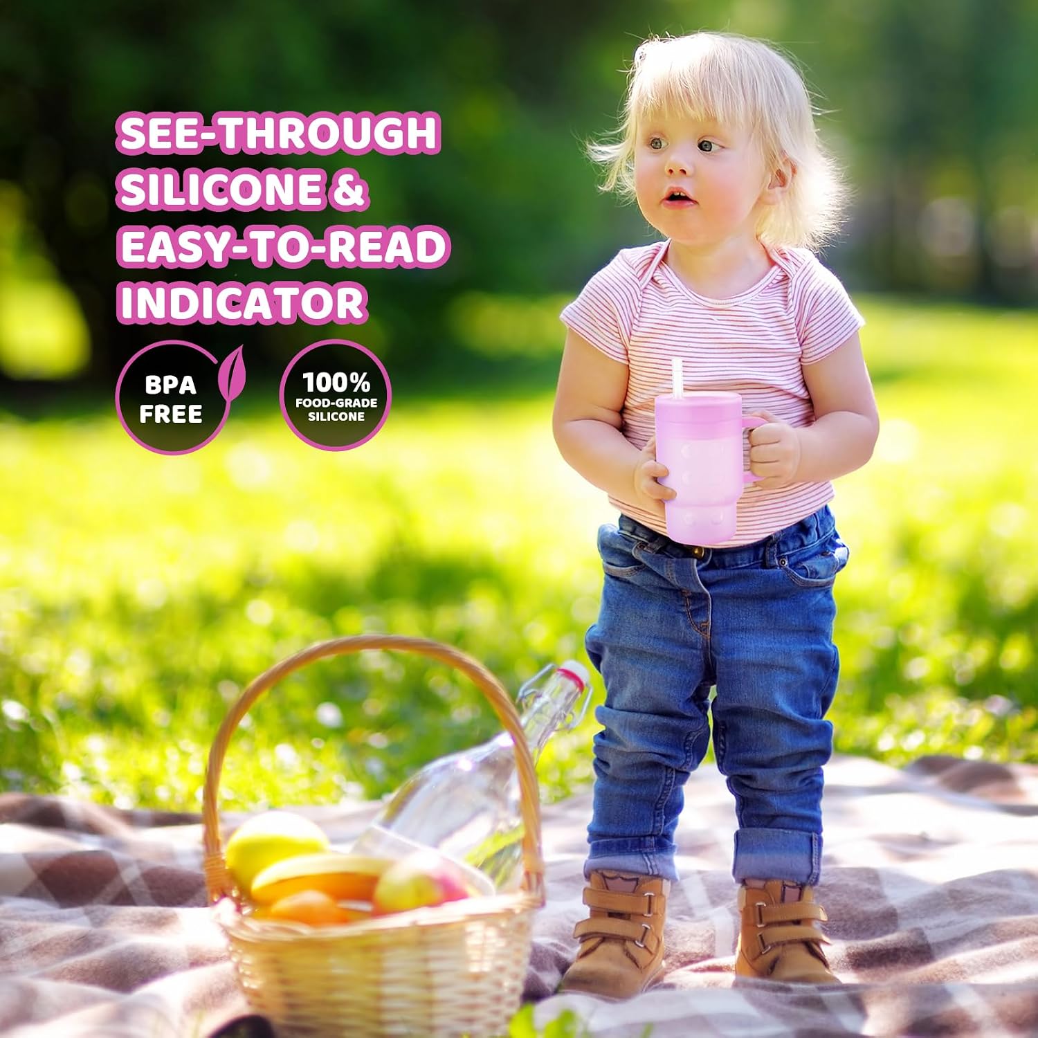 Tumbler Silicone Sippy Cup for Toddler with Straw and Handle, Water Bottle for Baby& Infant, 9oz Kids Cups Spill Proof,BPA Free,Toddler Travel Essential, Clear Purple