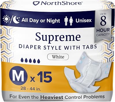 NorthShore Supreme Tab-Style Briefs for Men and Women (White, Medium, 15 Count)