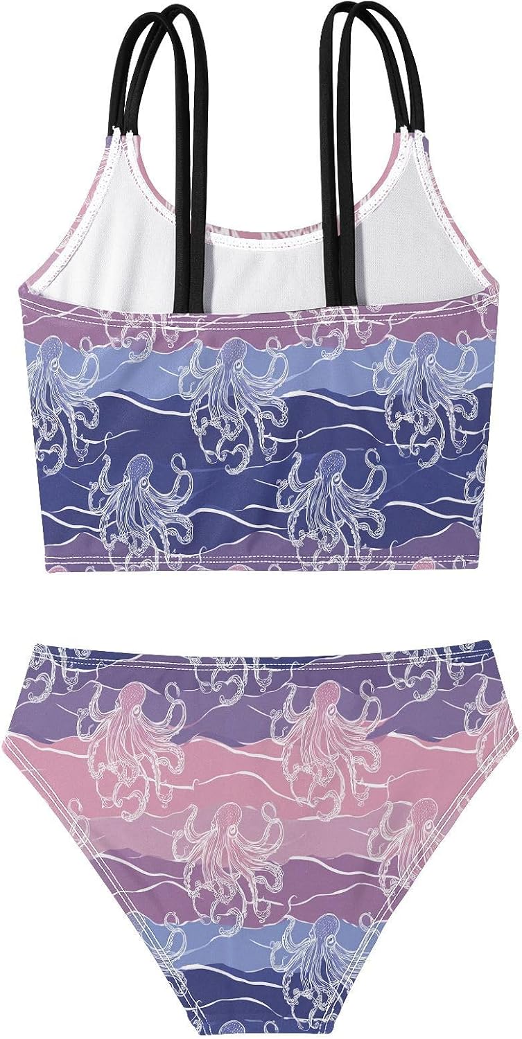 visesunny Girls Two Piece Swimsuits Colorful Octopus Wave Girl's Bikini Sets Bathing Suits for Girls Size 5-12Y
