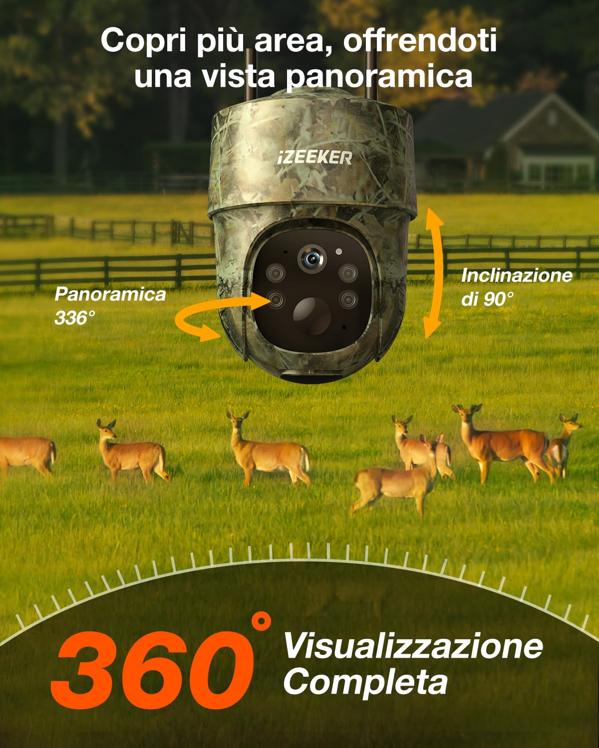 iZEEKER 4G LTE Fototrappola Solare, Fotocamera Caccia PTZ 2K con Scheda SD & SIM Visualizzazione Completa a 360°, Streaming Live, No Glow IR, Visione Notturna Motion Attivato IP65 Impermeabile