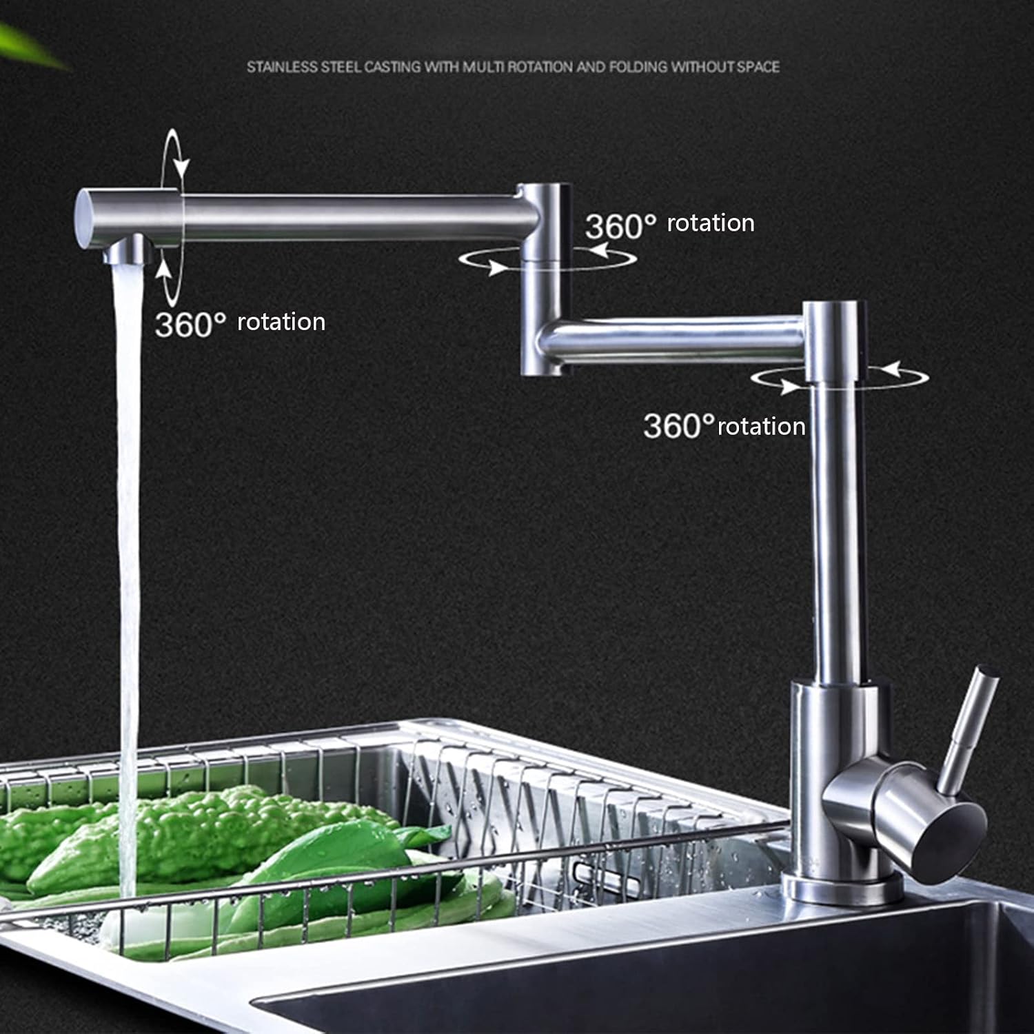 Pot Filler Faucet, Rotating Folding Kitchen, Deck Mounted Stainless Steel Sink, Single Handle Hot and Cold Water Mixer Tap, Brushed Nickel
