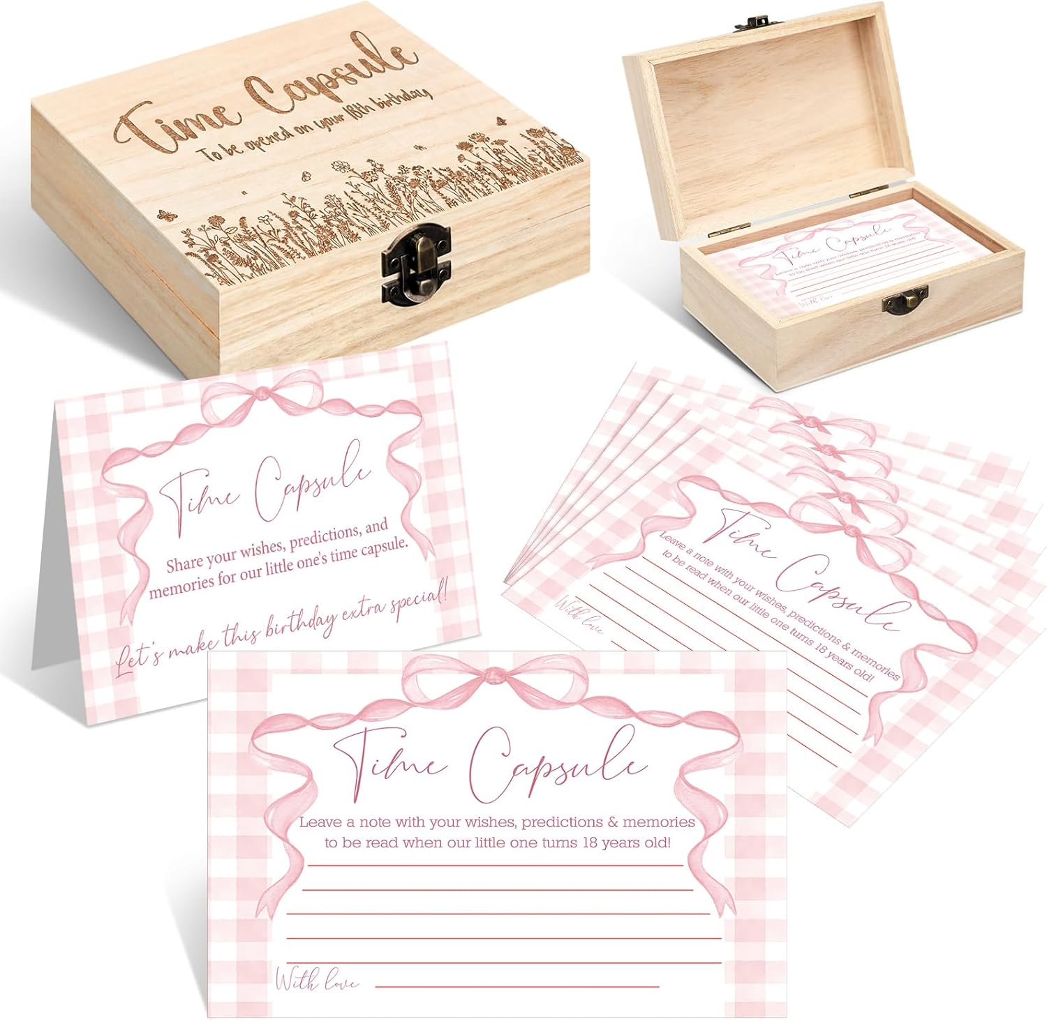 Fuutreo Time Capsule Box 1st Birthday Time Capsule First Birthday Party Games, 1st Activities for Guests, Advice and Wishes Cards Gift Keepsake for Party Supplies (Pink Flower)