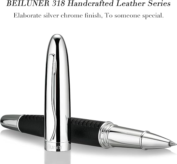 BEILUNER 318 Luxury Leather Rollerball Pen, Hand-Stitched Premium Leather & Chrome-Plated Finish, Schmidt Ink Refill, Best Executive Gift Set for Men & Women, Refillable Writing Pen - Black