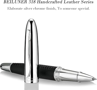 BEILUNER 318 Luxury Leather Rollerball Pen, Hand-Stitched Premium Leather & Chrome-Plated Finish, Schmidt Ink Refill, Best Executive Gift Set for Men & Women, Refillable Writing Pen - Black