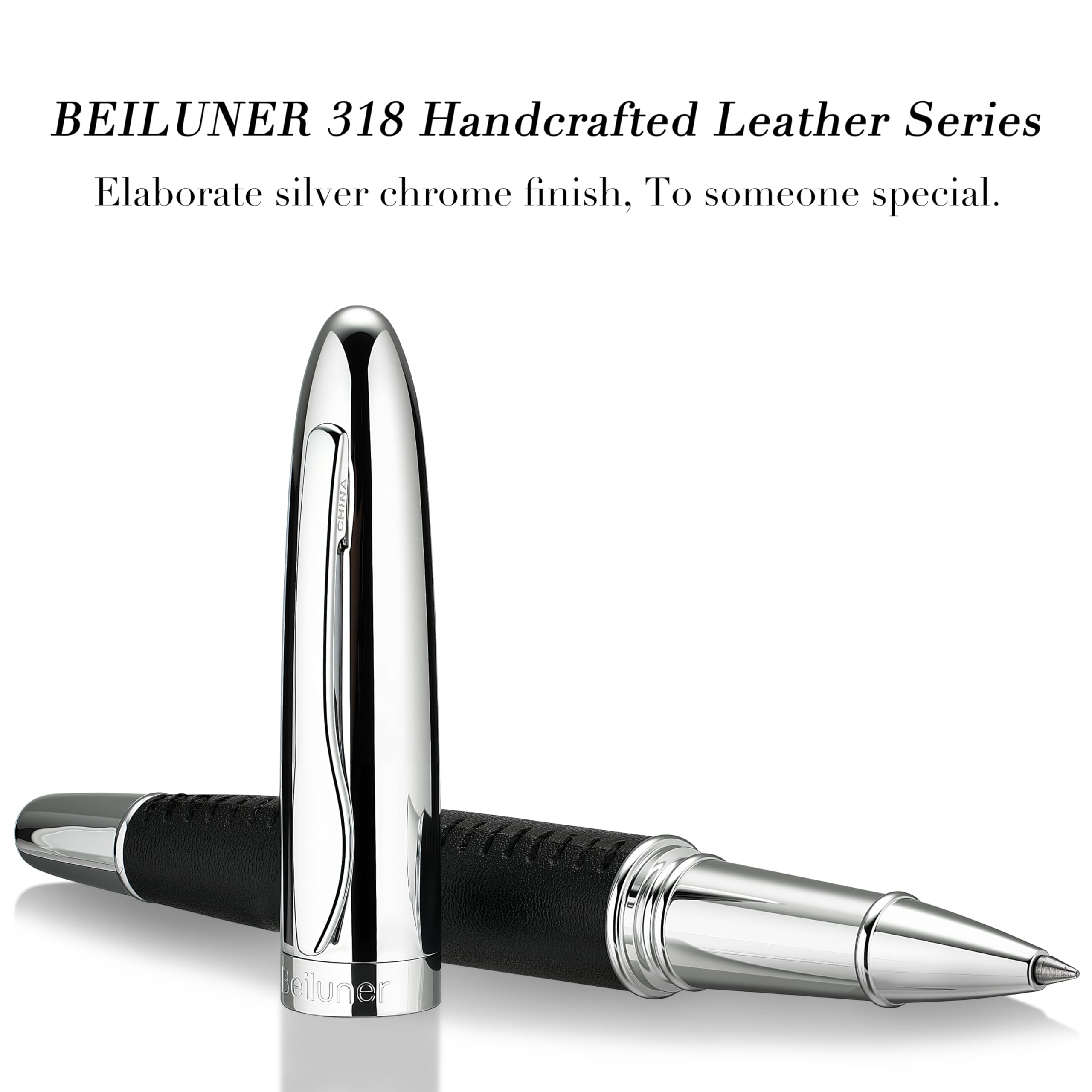 BEILUNER 318 Penna di lusso in pelle, cucita a mano con pelle di alta qualità, con finiture cromate, mina Schmidt, il regalo perfetto per donne e uomini – Penna a sfera nera