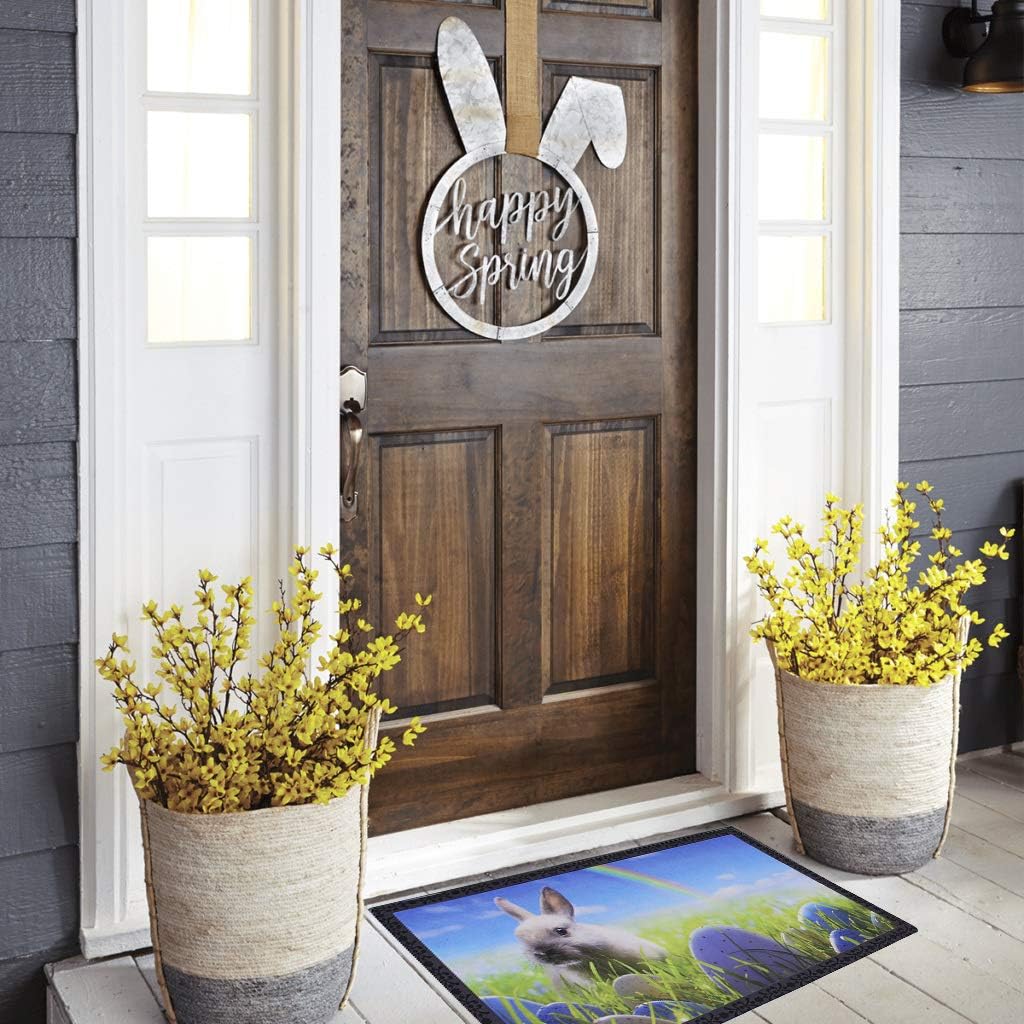 Rubber Welcome Door Mat, Decorative Indoor Outdoor Doormat Non Slip Front Door Mat, Easy to Clean Low Profile Mat for Entry Patio Garage High Traffic Areas, 17.25" x 28.75" (Easter Rabbit)