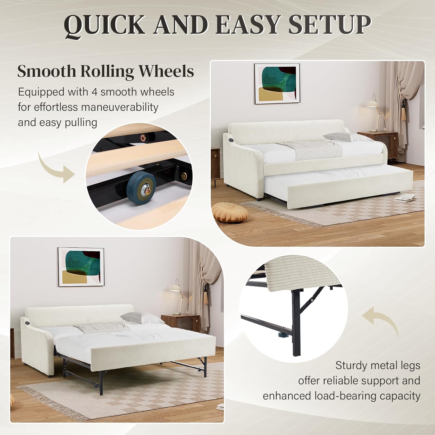 Twin Size Daybed with Pop Up Trundle Bed,w/USB Port,Corduroy Upholstered Day Bed Frame with Twin Roll-Out Trundle,Modern Extendable Twin to King Daybed with Trundle for Living Room,Beige White