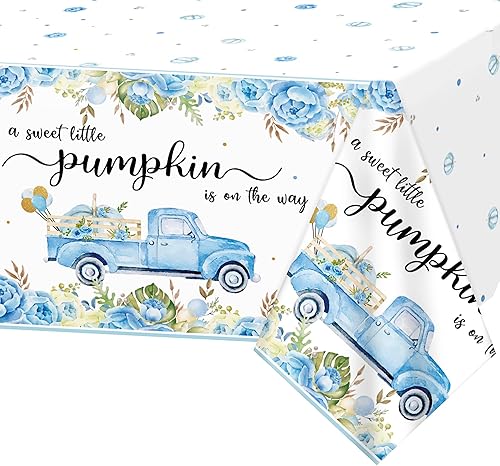 Paquete de 1 mantel de calabaza azul para baby shower, suministros de fiesta, camión floral, cubierta de mesa desechable de plástico para niños,