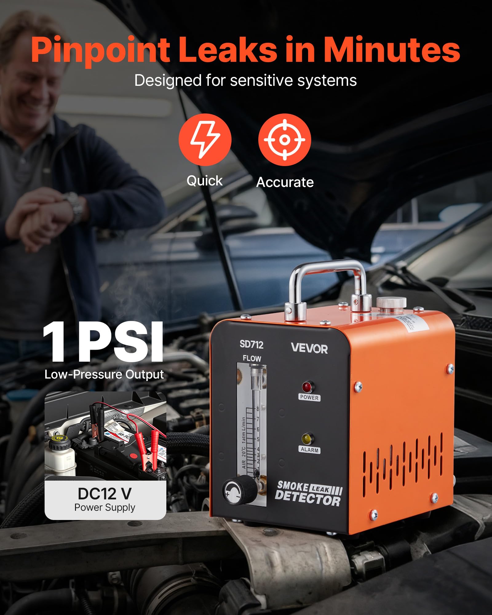 VEVOR Máquina de Fugas de Humo 12V CC, Detector de Fugas de Humo Automotriz Probador de Vacío EVAP, con Bomba de Aire y Caudalímetro Incorporados, Diagnóstico de Tuberías de Combustible para Coches