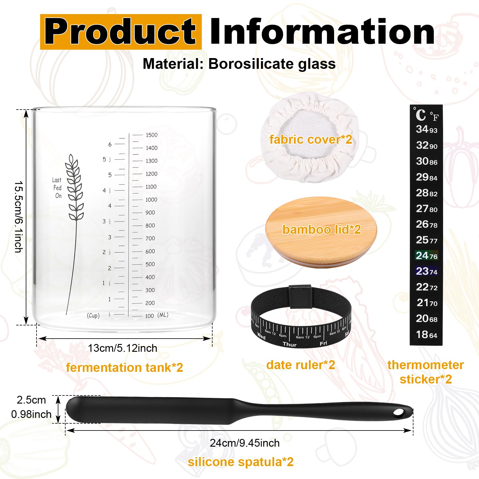 JUNFEIFLUX 2 Stück 1500ml Sauerteig Starter Set | Sauerteig Glas Breithals, Sourdough Starter Kit mit Bambusdeckel, Spatel und Thermometer für Brot Backen, Küche und Bäckerei