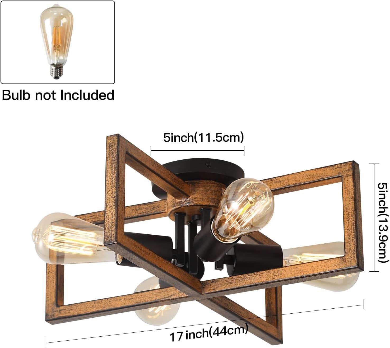 KEESFU 4-Lights Retro Semi Flush Mount Ceiling Light Fixtures, Farmhouse Wood Grain Finish Metal Ceiling Light, Rustic Lighting for Bedroom Living Room Kitchen Dining Room Hallway Entryway Foyer.