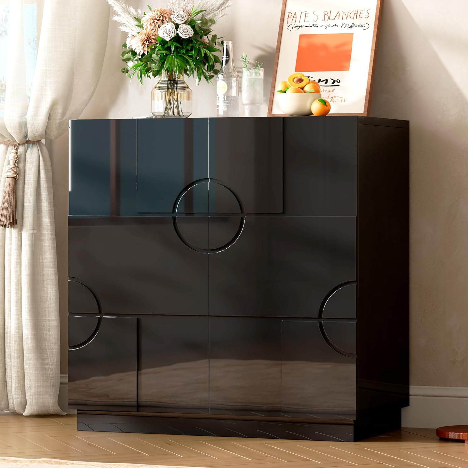 LVSOMT Sideboard Buffet Cabinet with Storage, Modern Accent Cabinet with Doors and Adjustable Shelve, 33" Wood Coffee Bar Cabinet for Kitchen, Entryway, Living Room, High Gloss Black
