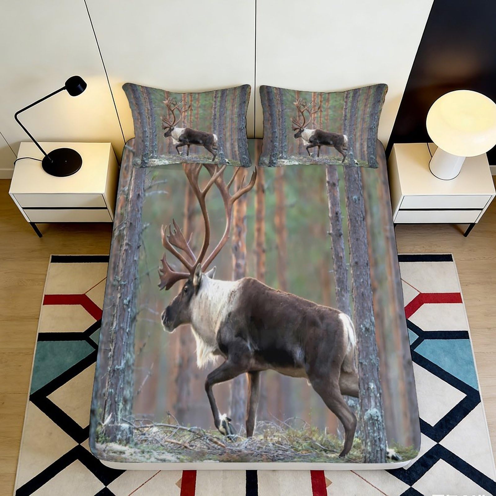 3D Printed Forest Deer Fitted Sheet Microfiber Soft Breathable Woodland Bed Cover for Bedroom Dormitory Guest Room Mattress Protection Decor 200x200x25cm