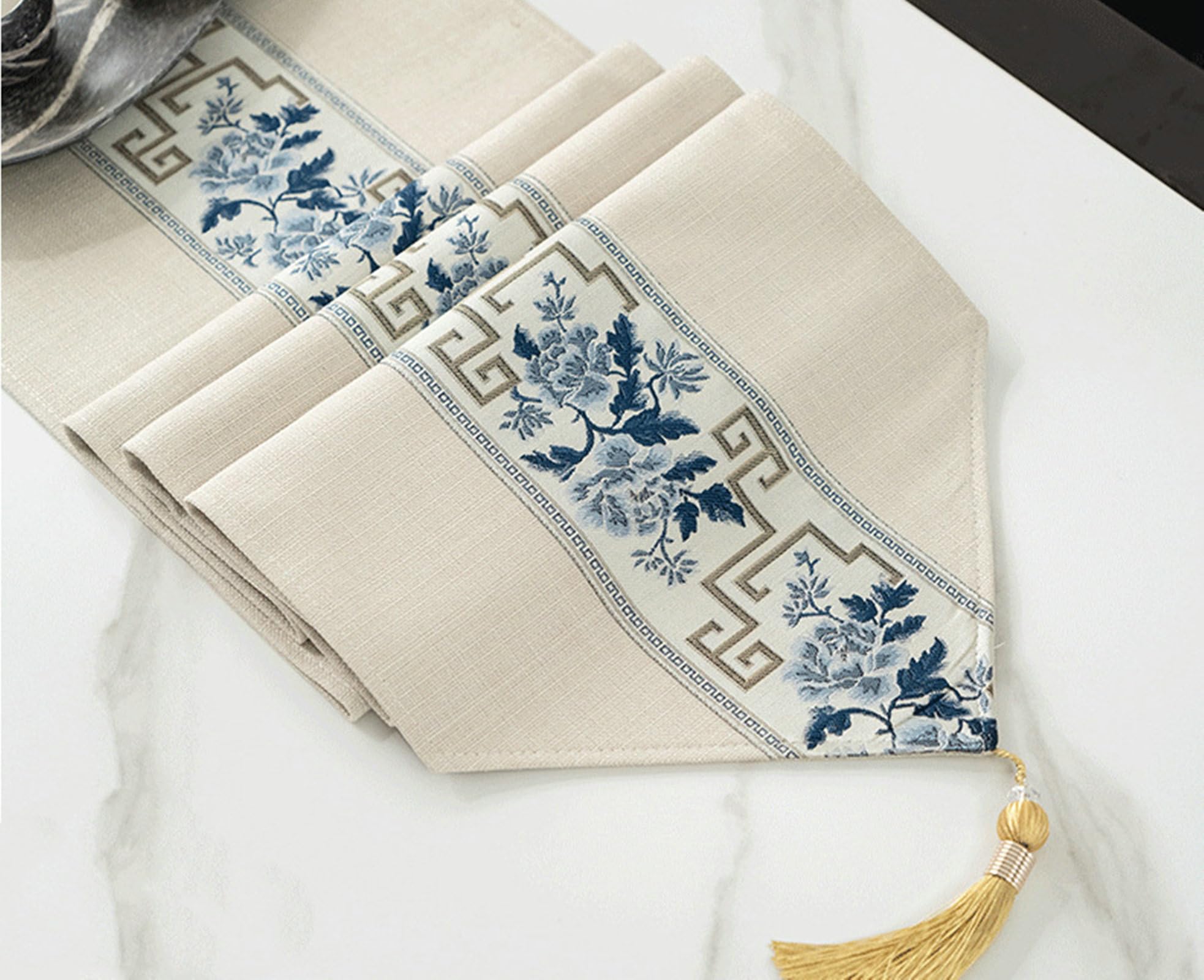 Gualiy Tischläufer Beige Modern 33 x 280 cm, Chinesisch-Stil Blume Muster
