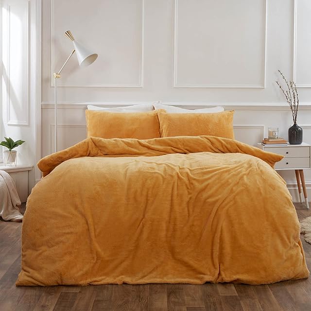 Brentfords Teddy Fleece Duvet Cover with Pillow Case Thermal Fluffy Warm Soft Bedding Set, Ochre Yellow Mustard - Single