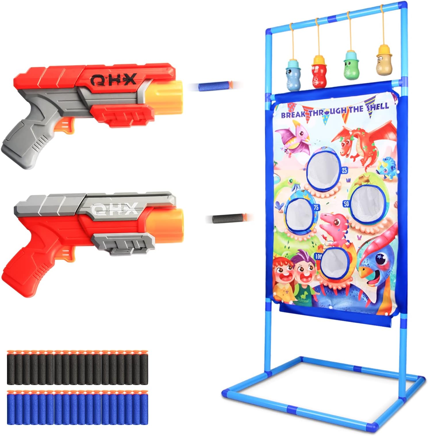 MAZZMASY Gun Toy Gift for Kids Boys Girls, for Birthday Award Gifts with Moving Shooting Target 2 Blaster Gun and 36 Foam Darts Compatible with Nerf Guns Toys