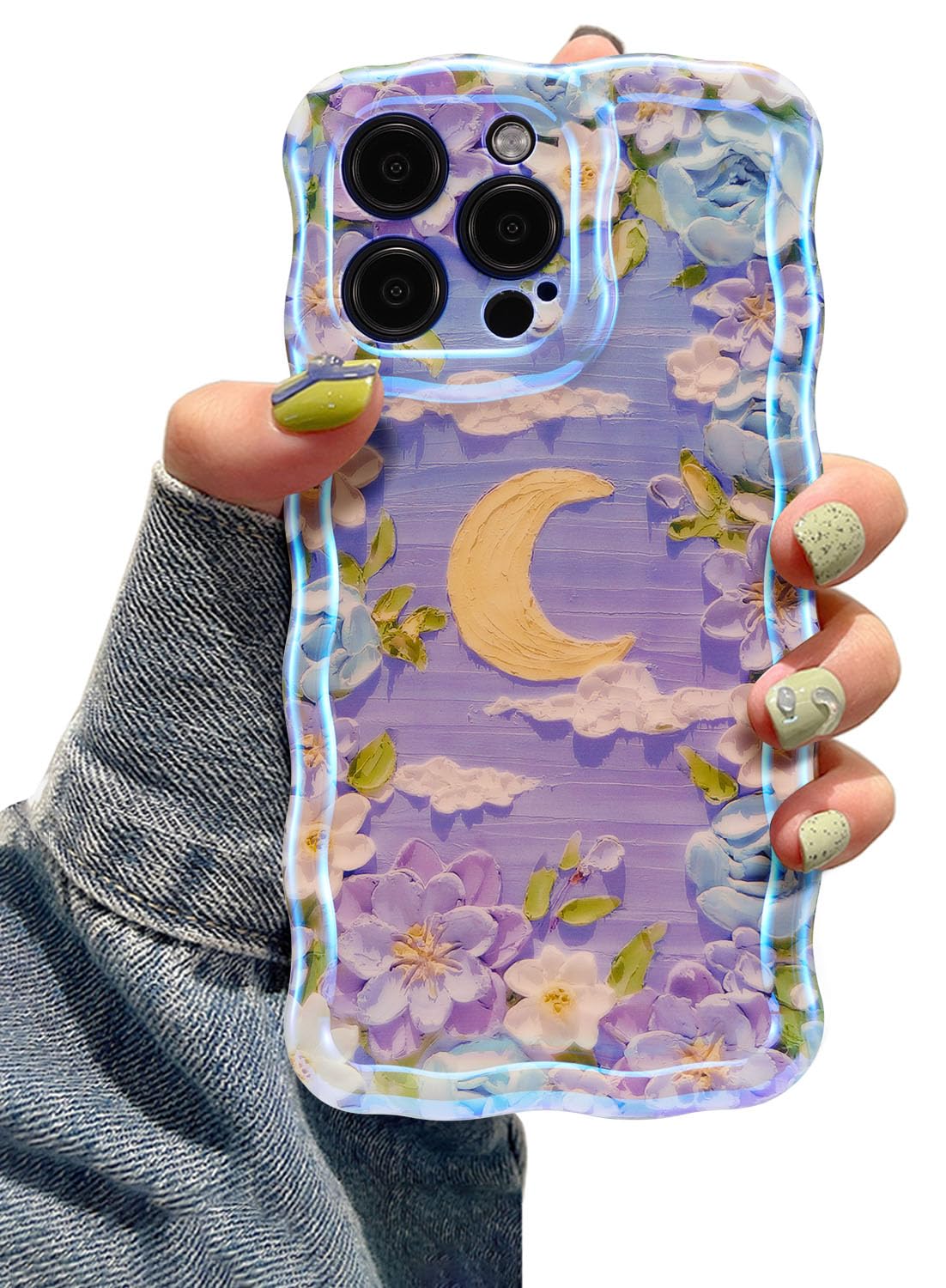 EYZUTAK Case for iPhone 13 Pro Max, Colorful Retro Oil Painting Flower Moon Pattern Laser Cute Curly Wave Edge Exquisite Phone Cover Stylish Durable