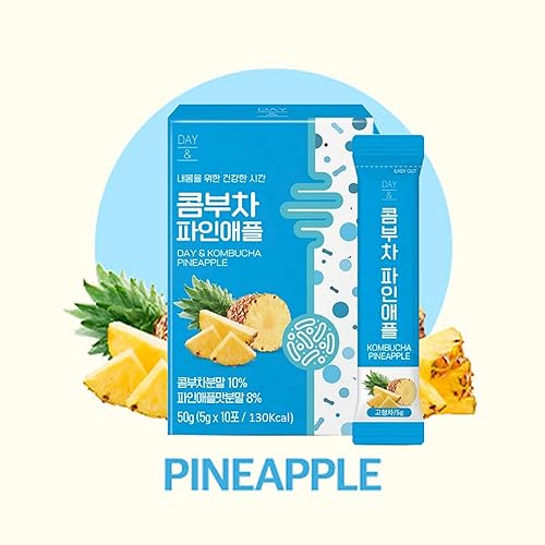 Miniatura 2 de Kombucha Powder Tea - Bebida saludable coreana - Cero azúcar, fermentado con gas, probióticos y prebióticos 10 barras (piña)