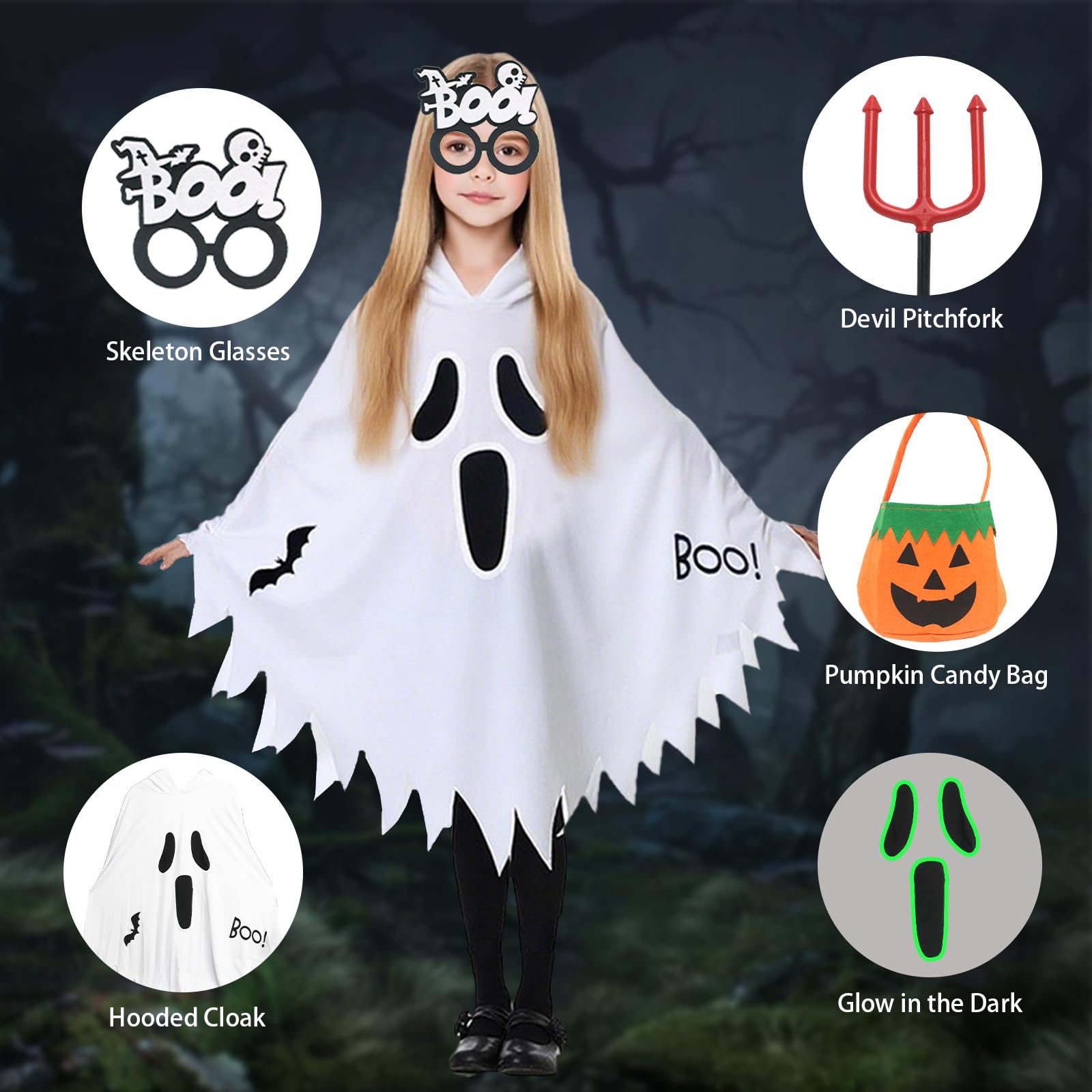 Celebration Directre 4PCS Ghost Halloween Costumes for Kids Glow in the Dark Ghost Face Outfit White Cloak Hooded Pumpkin Bags Skeleton Glasses Devil Pitchfork for Trick-or-Treating Party - Image 3