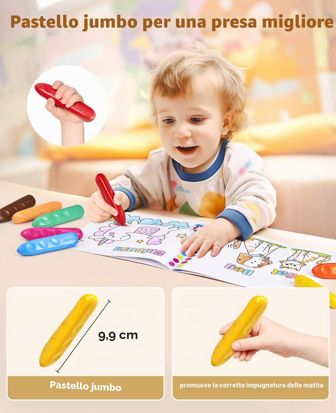 JoyCat Pastelli Jumbo in 16 colori per bambini dai 1 ai 3 anni, lavabili, triangolari, grandi, per bambini dai 4 agli 8 anni, facili da impugnare, infrangibili, atossici, materiali artistici con libro