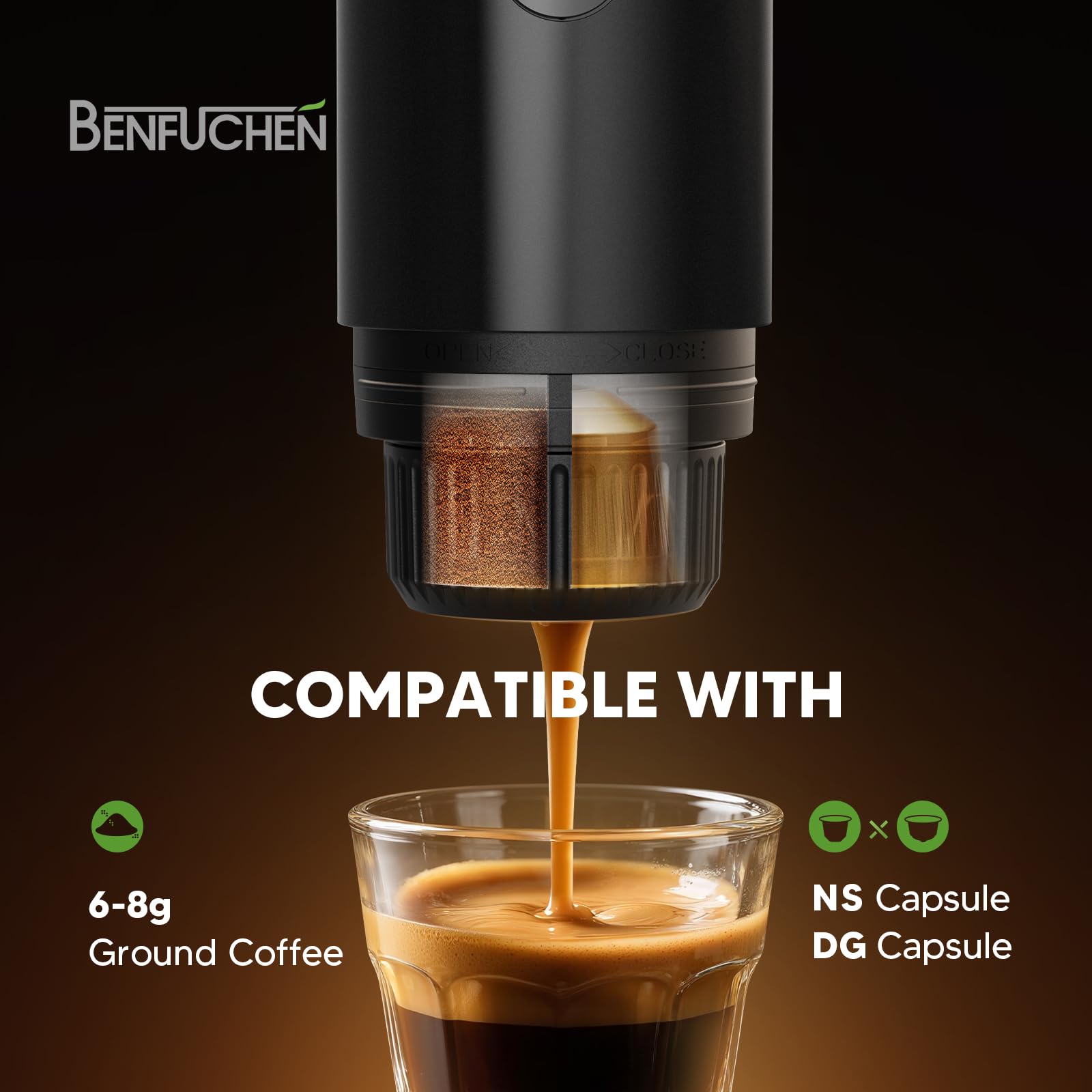 Machine à expresso portable 3 en 1 à 19 bars avec chauffage automatique, compatible avec les capsules NS et DG ainsi que le café moulu pour le camping, la randonnée, les voyages et la maison (noir)