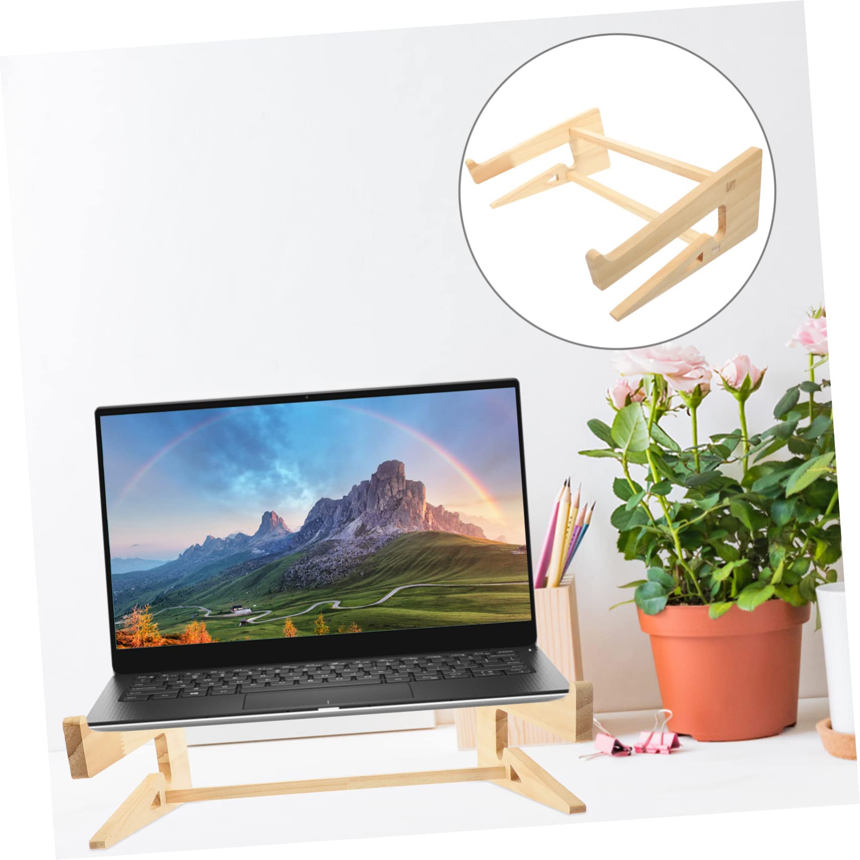 4 Pezzi Supporto per Laptop in Legno Massello Rialzato Ergonomico per Scrivania Stand Portatile Antiscivolo per Notebook e Tastiera Design Salvaspazio per e Casa