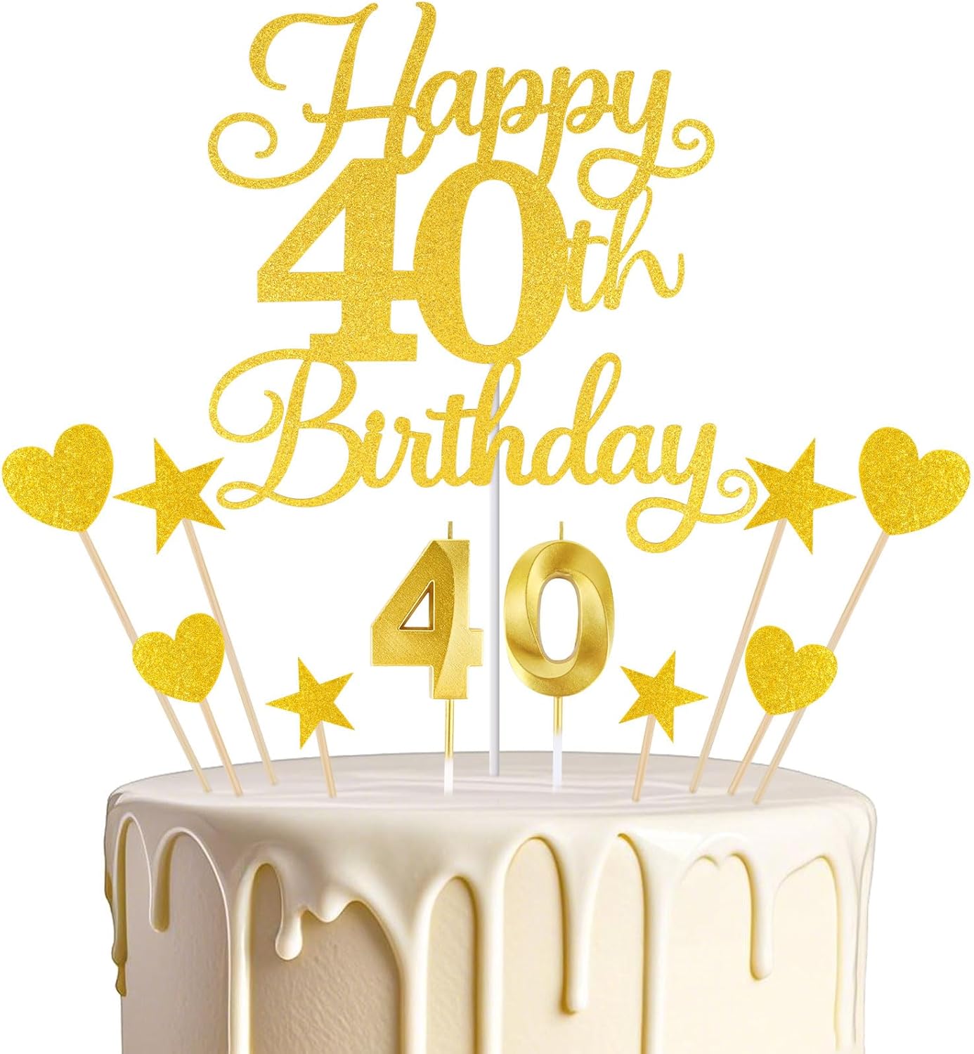 Happy 40th Birthday Cake Topper for 40th Birthday Decorations Numeral 40 Candle with Glitter Heart Cupcake Picks Set for Men Women Hello 40 Birthday Anniversary Party Cake Decor Supplies（GOLD）