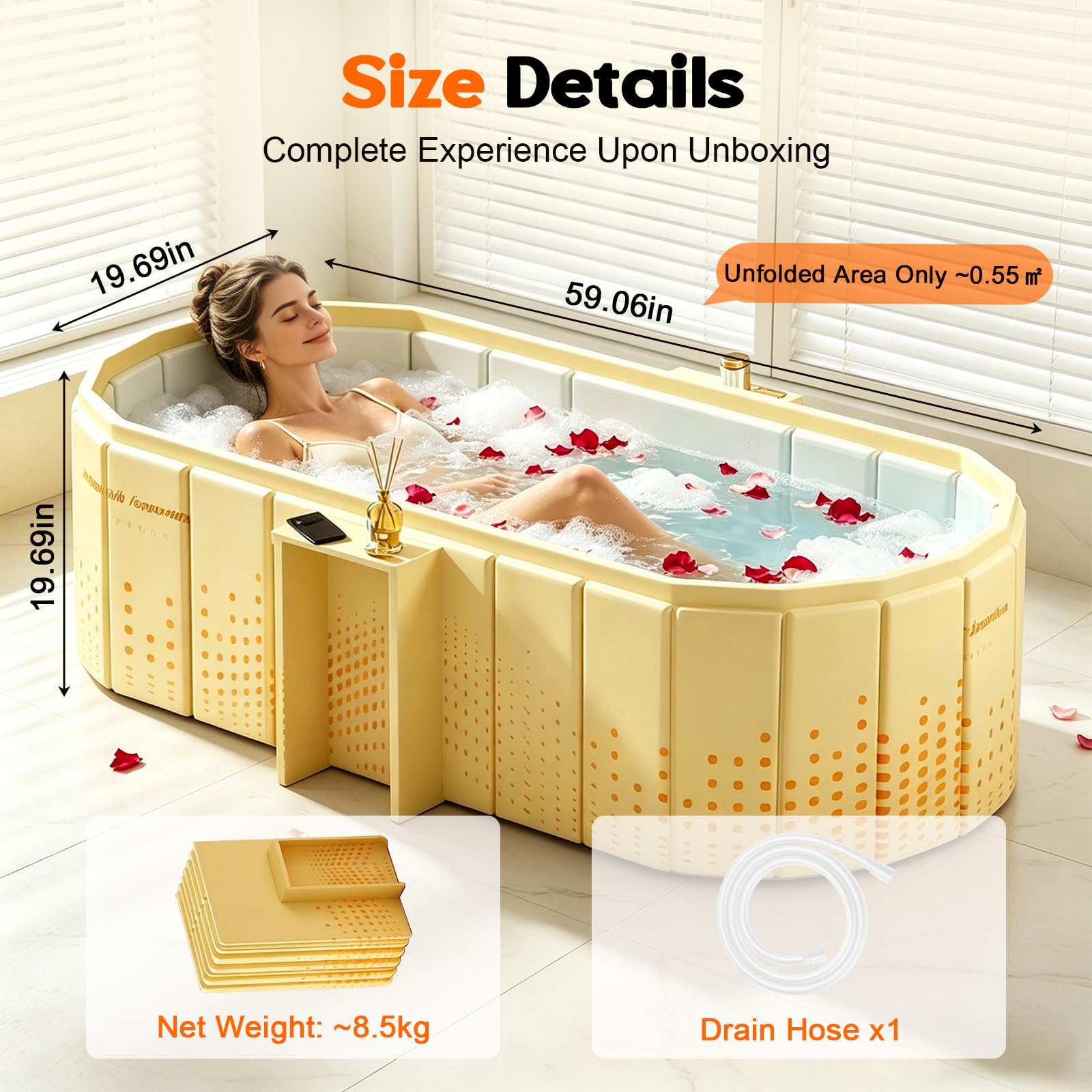 Faltbare Badewanne Erwachsene, Tragbare Faltbare Badewanne mit Ablage 150 cm, Für 2 Personen, 5-Schicht-Isolierung, 2-in-1 Eisbad & Heiß-SPA, Für Dusche, Garten, Camping & Wohnmobil
