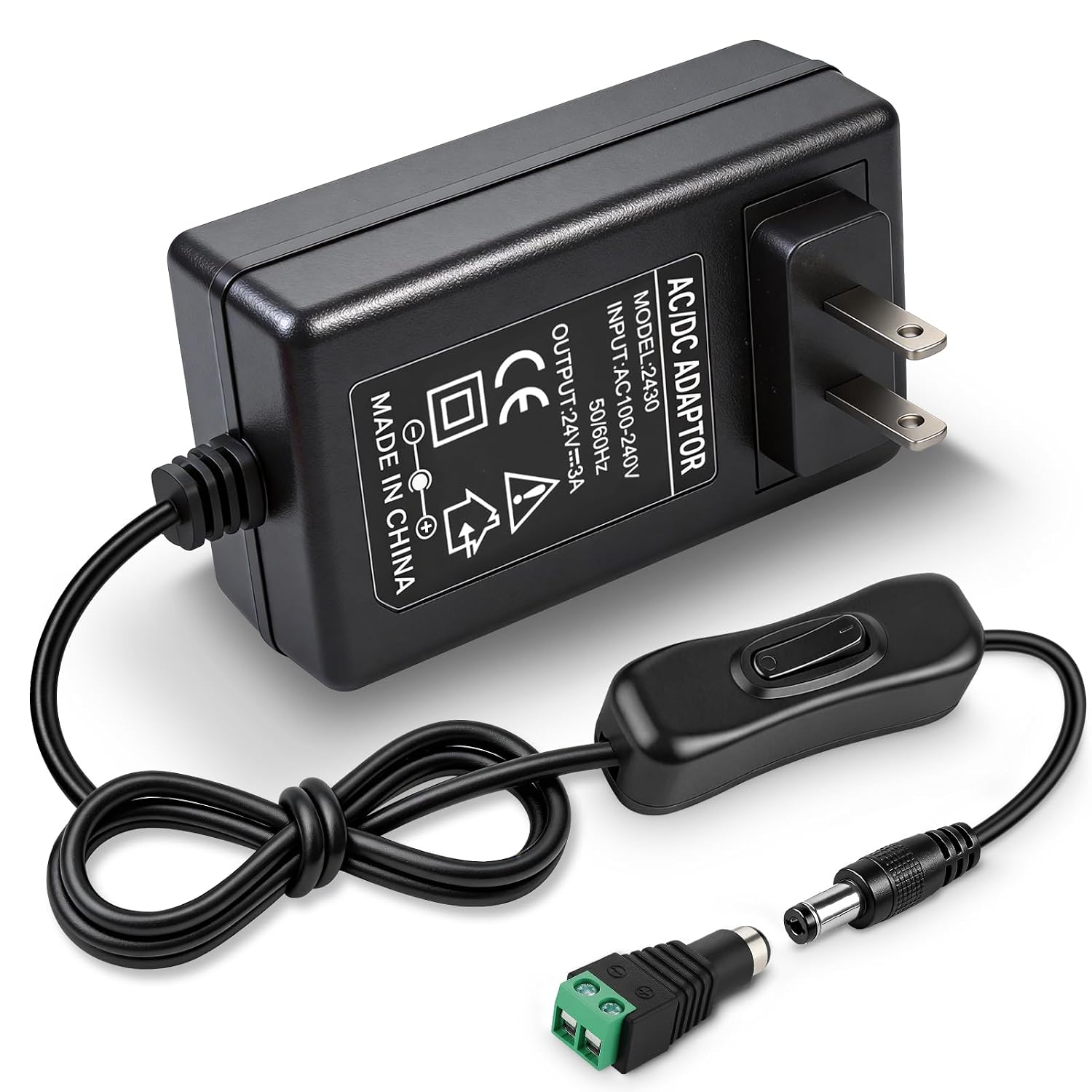 24V 3A Power Supply 72W, 24 Volt DC Power Adapter with On/Off Switch, 110V AC to 24V Transformer Plug with 5.5x2.1mm DC Female Connector for LED Strip Lights, Black