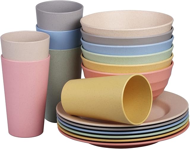 CAINFY Plastic Dinner Set Camping Picnic Plates and Bowls Set,Party Cutlery Set, Unbreakable and Lightweight Serving Bowls Plates Cups Tableware 18Pcs