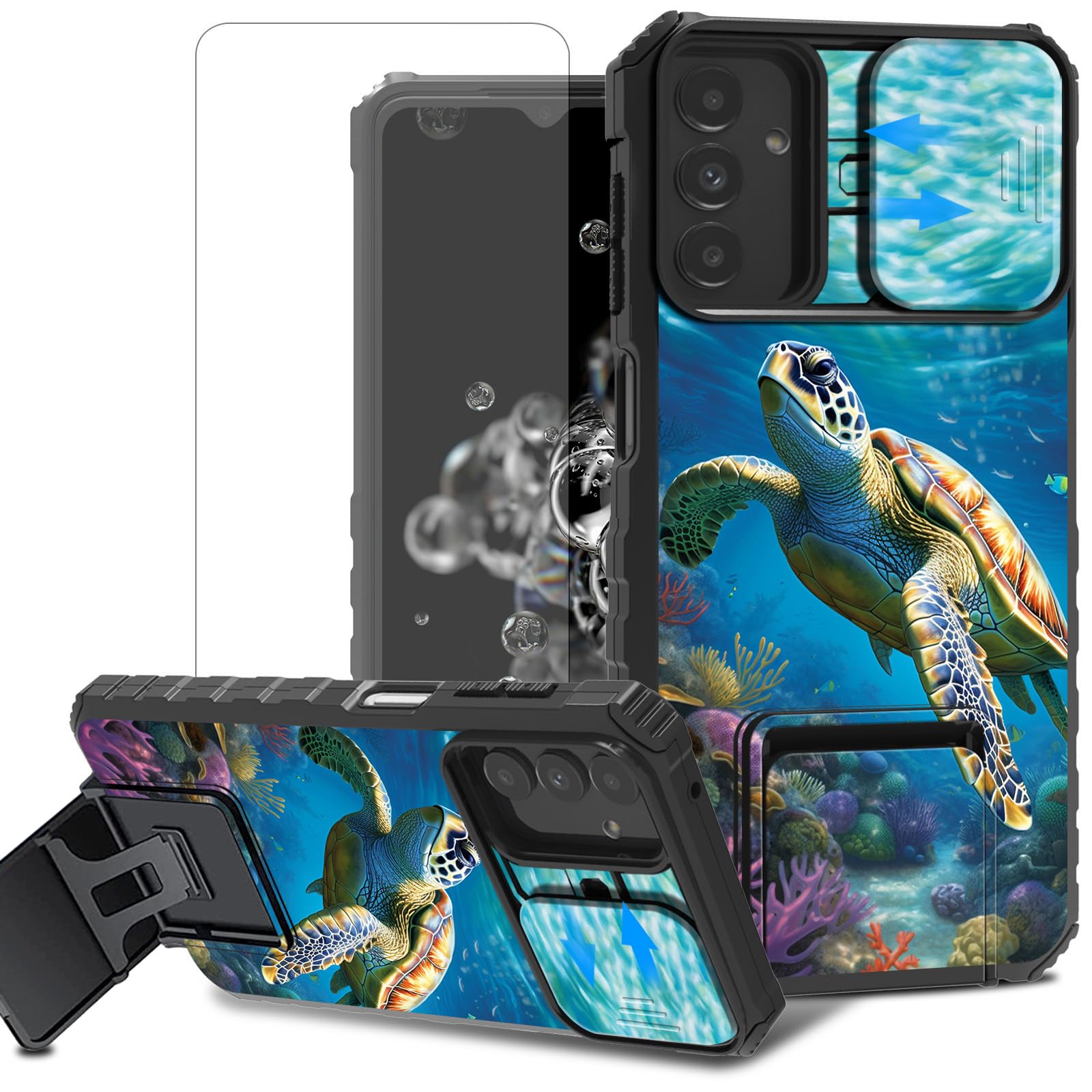 ACWDMKH for Samsung Galaxy A15 5G Phone Case with Screen Protector with Slide Camera Cover & Kickstand Dual Layer Hybrid Heavy Duty Shockproof Phone