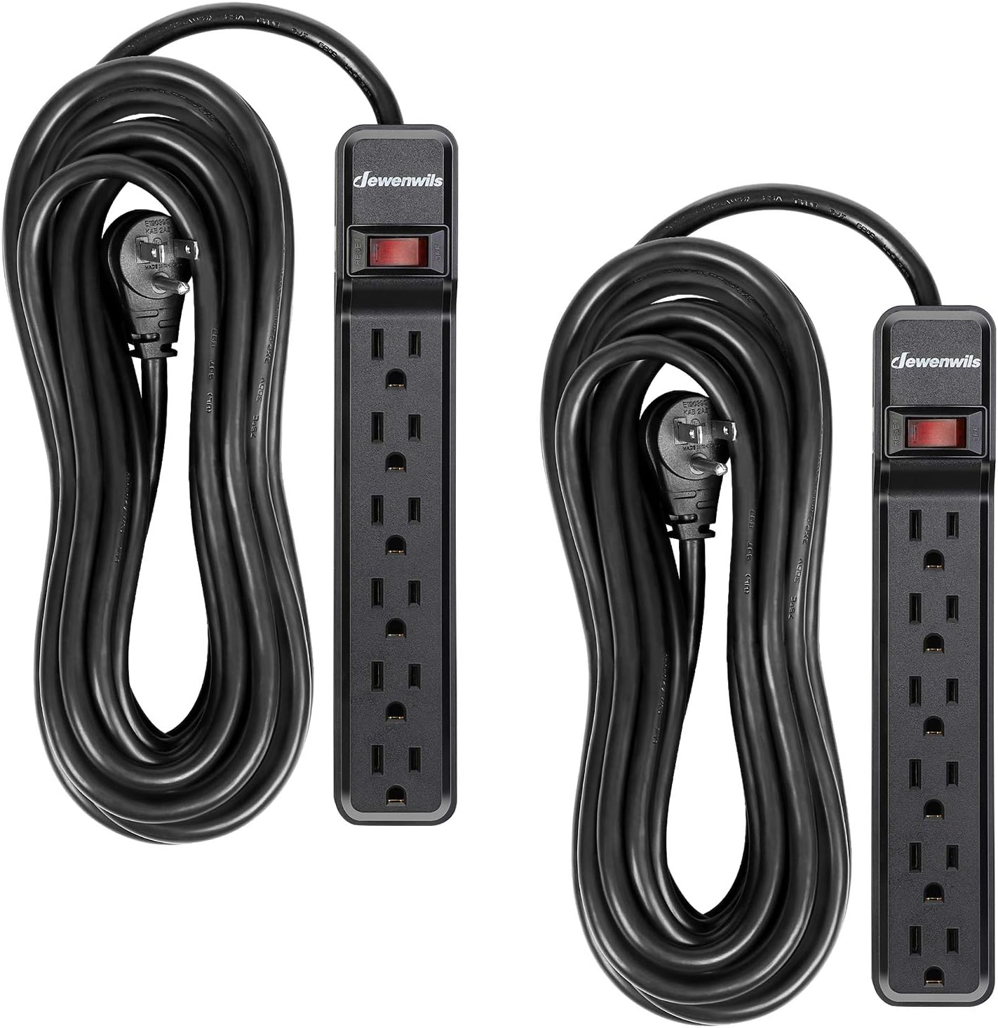 DEWENWILS 2-Pack Power Strip Surge Protector,25 Ft Extra Long Extension Cord, Low Profile Flat Plug,15 Amp Circuit Breaker, 500 Joules, Wall Mount, Black, UL Listed
