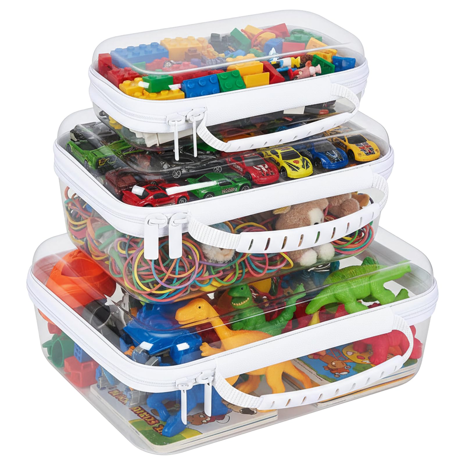 Punorric 3 - Piece Toy Storage Bags Set - Clear PET Storage Bags with Double Zipper,Container with Handle,Reusable Travel Toiletry Toy Organiser for Building Blocks,Puzzles,Small Models, Board Games