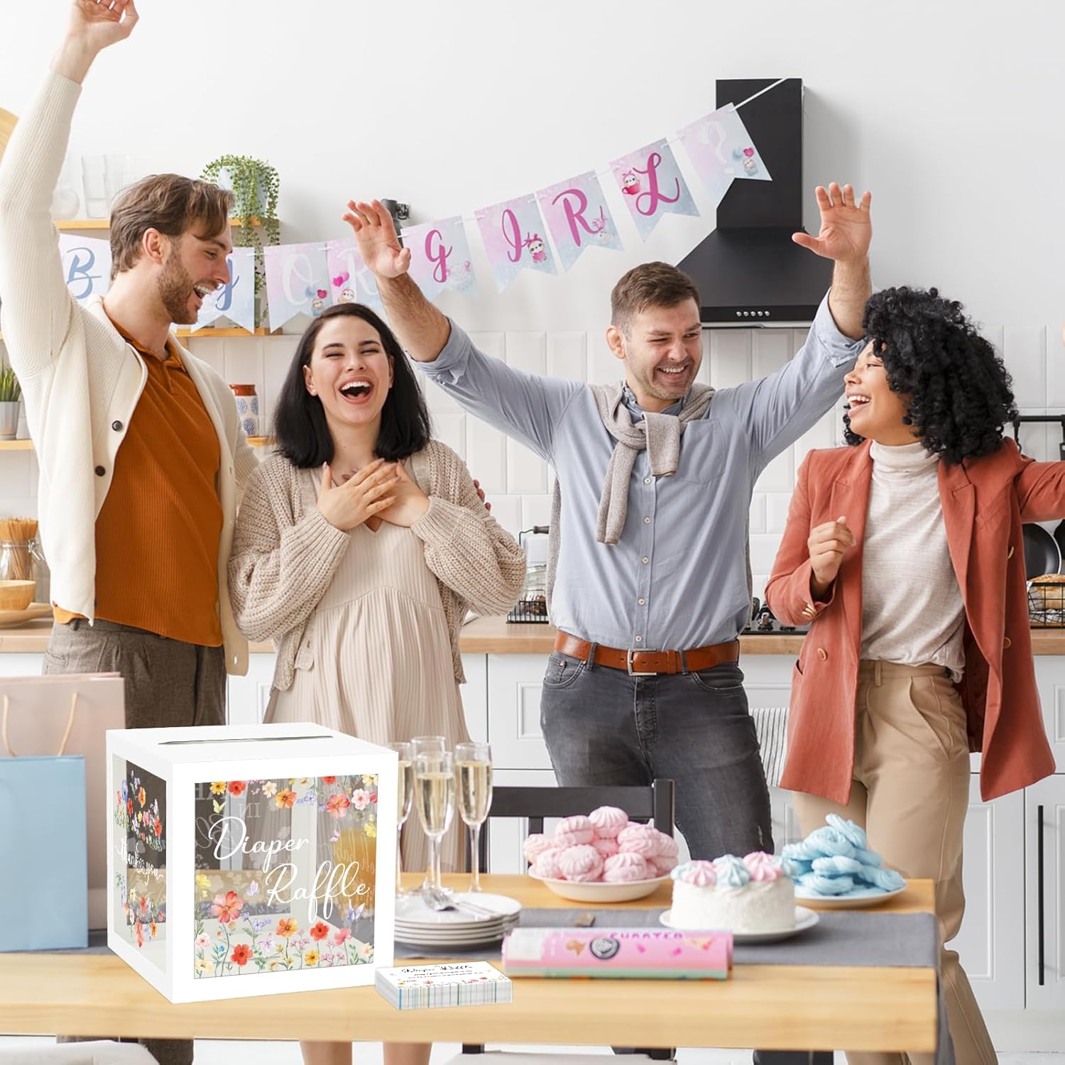 QISOLIY 50 Pieces Diaper Raffle Tickets with Box Baby Shower Game Invitations with Advice and Wishes for Baby Shower Games Gender Reveal Party Supplies (Clear Wildflower)