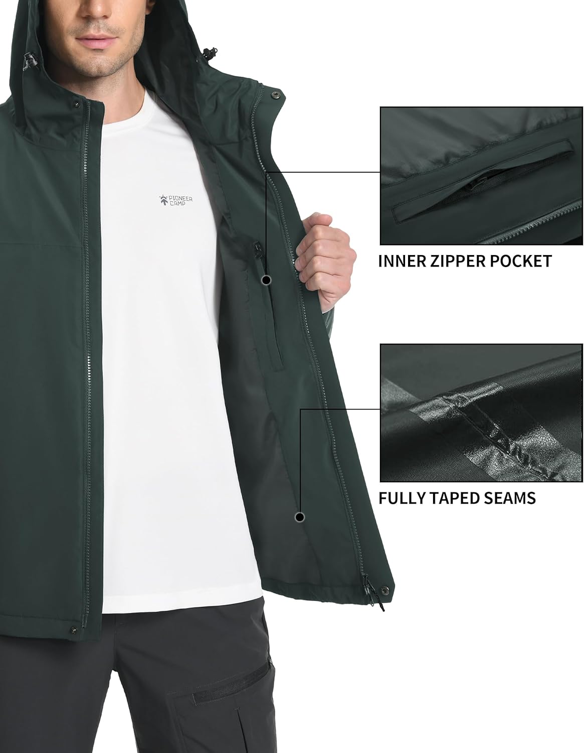 Pioneer Camp Mens Rain Jacket Waterproof Shell Jacket Hooded Lightweight Rain Coat for Outdoor Hiking 4 Pockets Windbreaker - Image 3