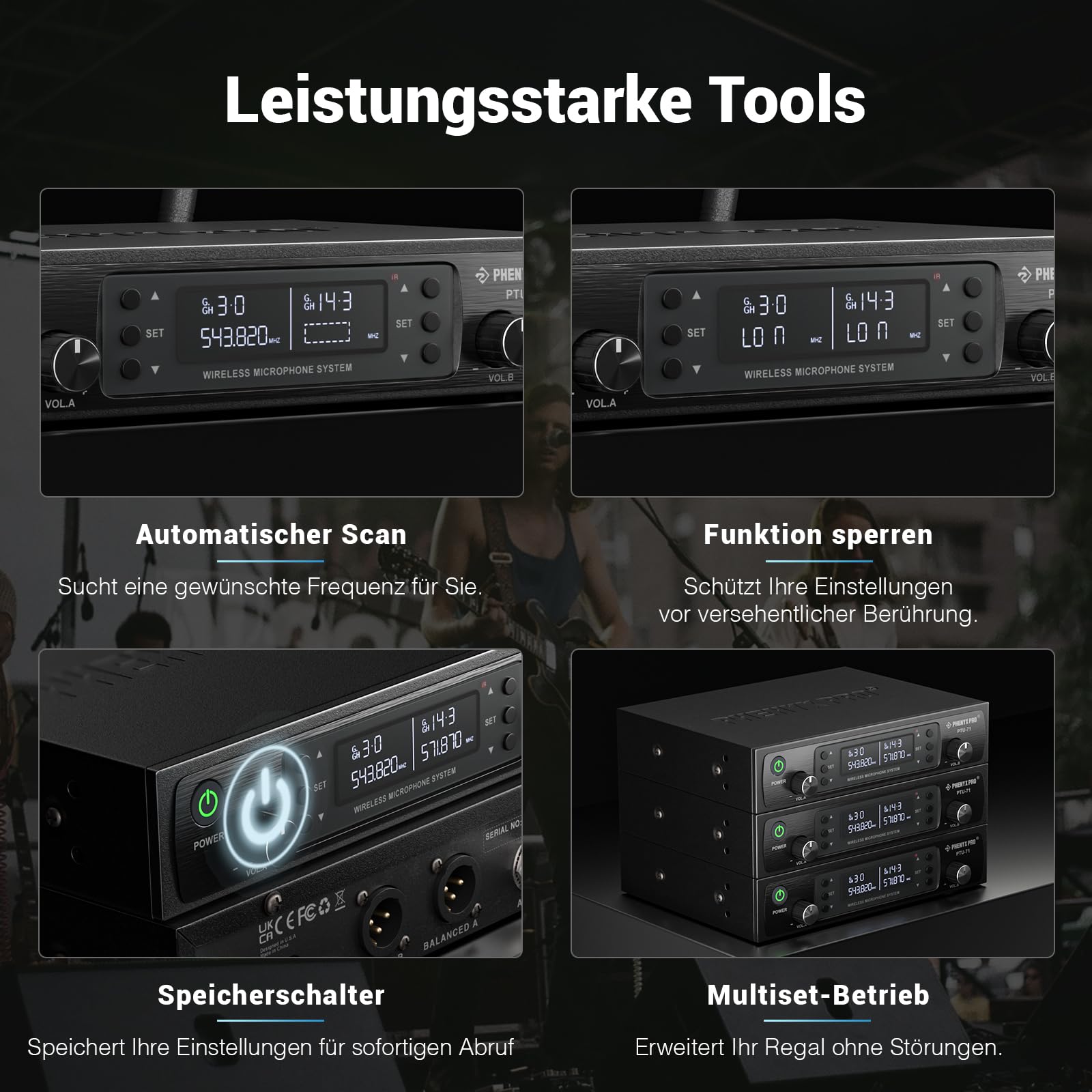 Phenyx Pro Drahtloses Mikrofonsystem, Dynamisches Funkmikrofon, 2x100 Einstellbare UHF Dual, Auto Scan, 328ft Reichweite, Für Gesang, Karaoke, Kirche (PTU-71A)
