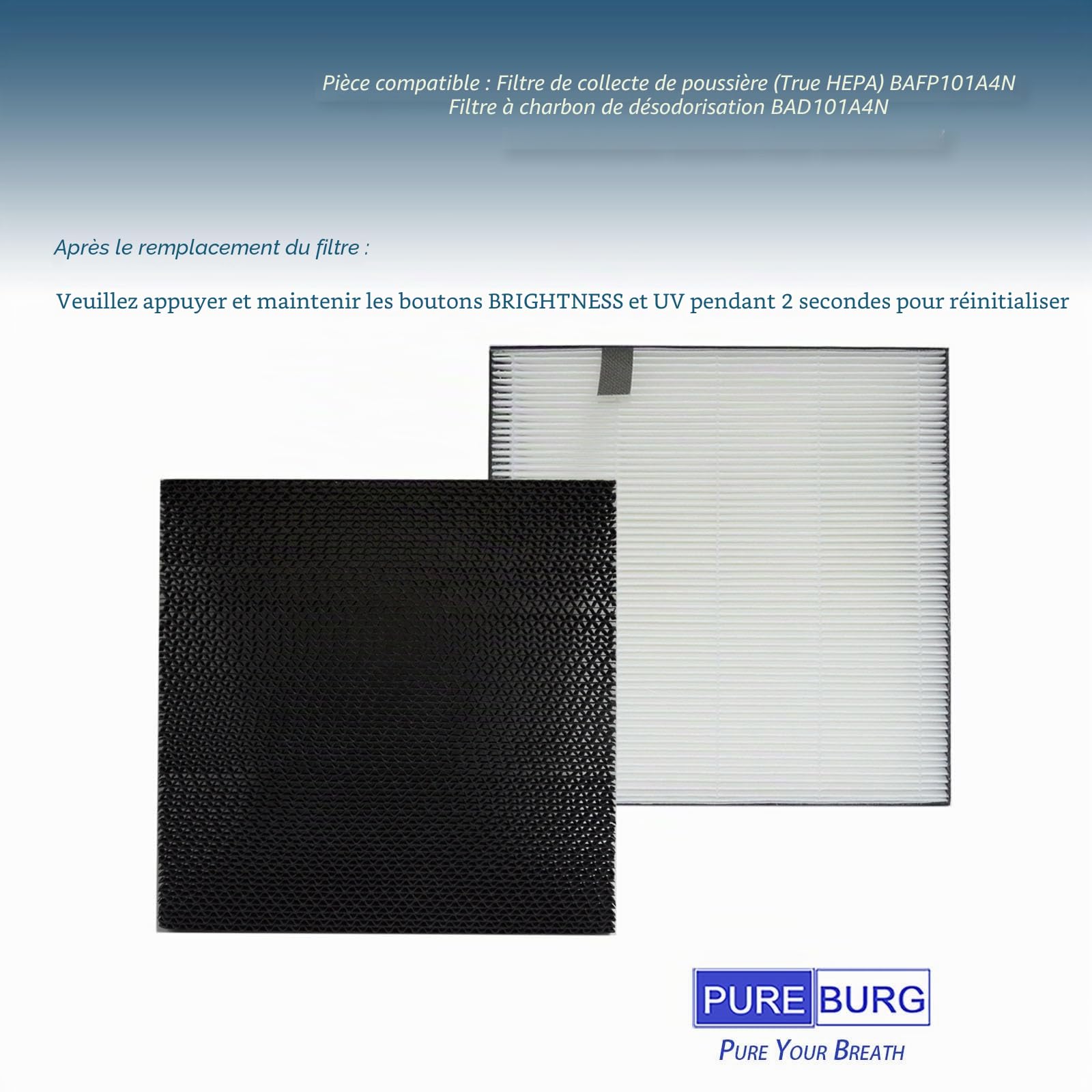 PUREBURG Lot de filtres de rechange compatibles avec purificateur d'air DAIKIN MCB50YSAU MC55W, H13 True HEPA désodorisant, carbone, purification de l'air, poussière, COV, odeur