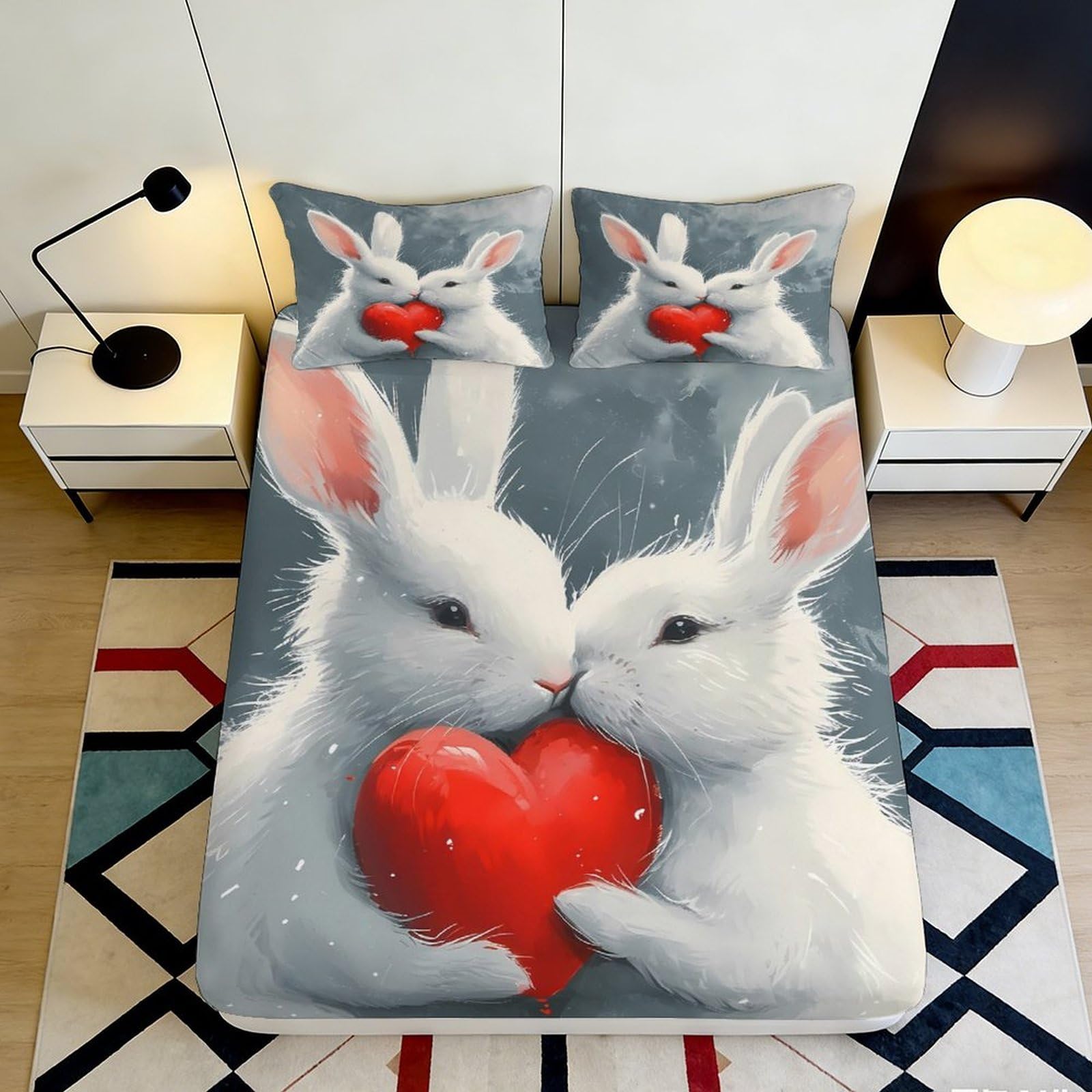 3D Printed Cute Rabbit Heart Fitted Sheet Microfiber Non-Slip Deep Pocket Bedroom Bedding Bunny Mattress Fitted Cover Washable for Adults Teens 200x200x25cm 90x200x25cm