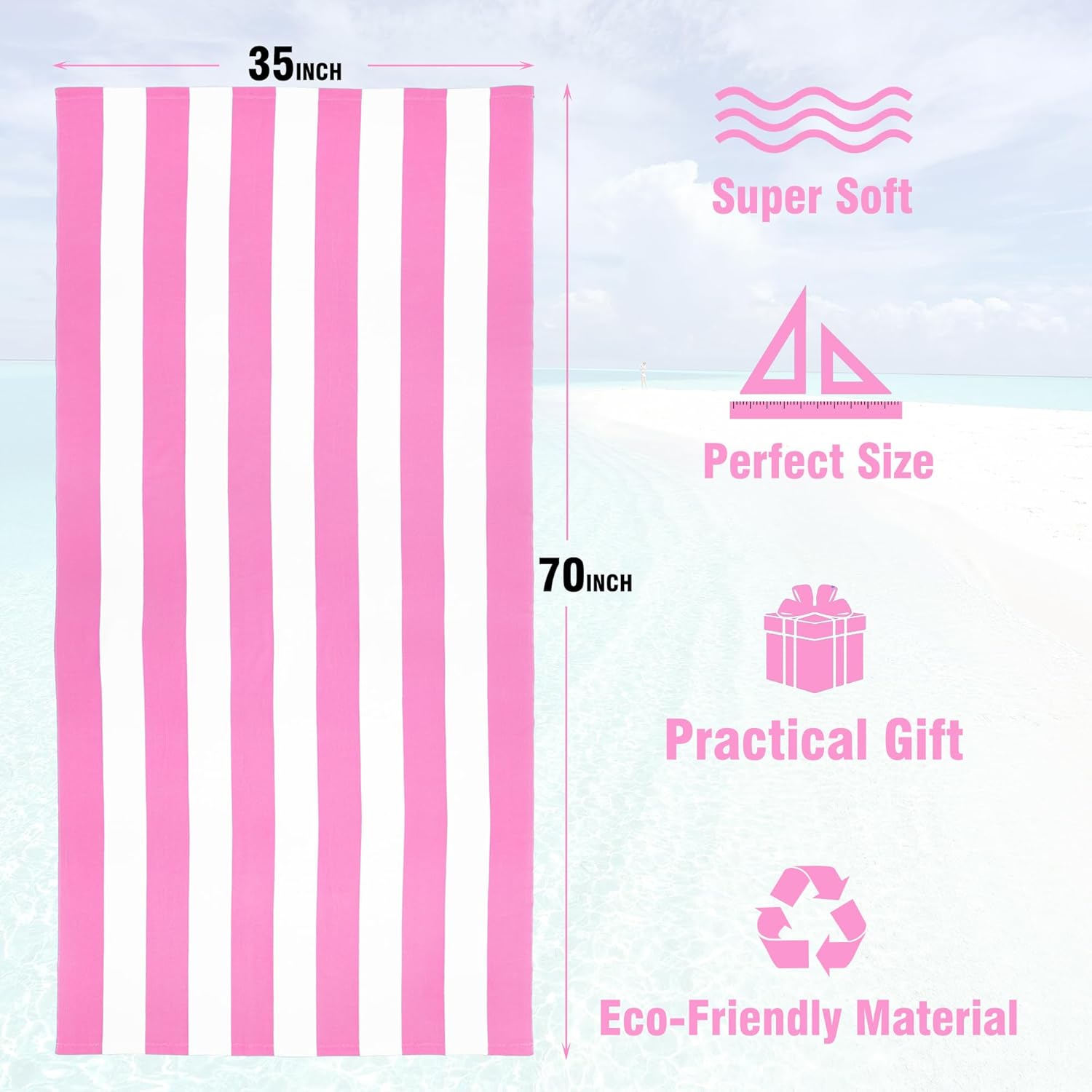 Large Oversized Beach Towel - 35 x 70 Inch Microfiber Pool Towel, Pink Striped Quick Dry Cabana Swim Towel - Image 3